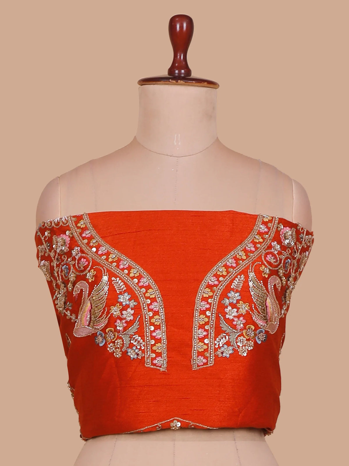 Exclusive Rust Orange Silk Lehenga Featuring Swans and Architectural Motifs