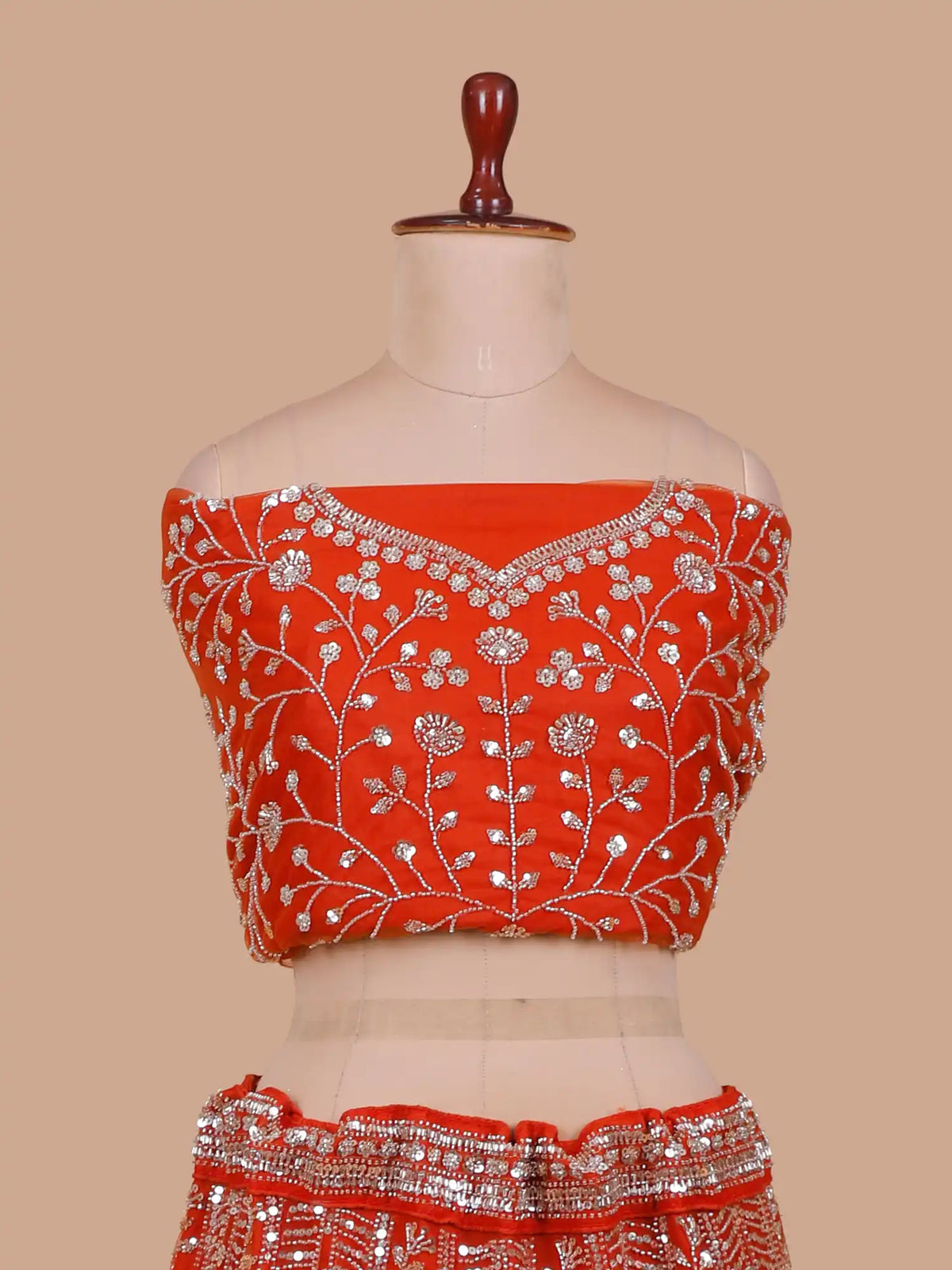 Affordable Rust Orange Party Wear Lehenga with Floral Sequin Detailing