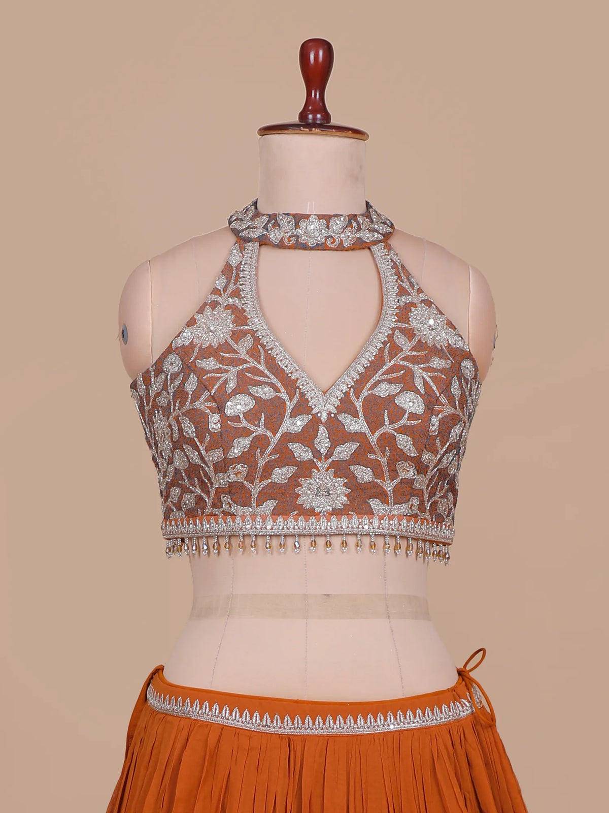 Stylish Rust Orange Chinon Designer Lehenga Choli With Machine Embroidery