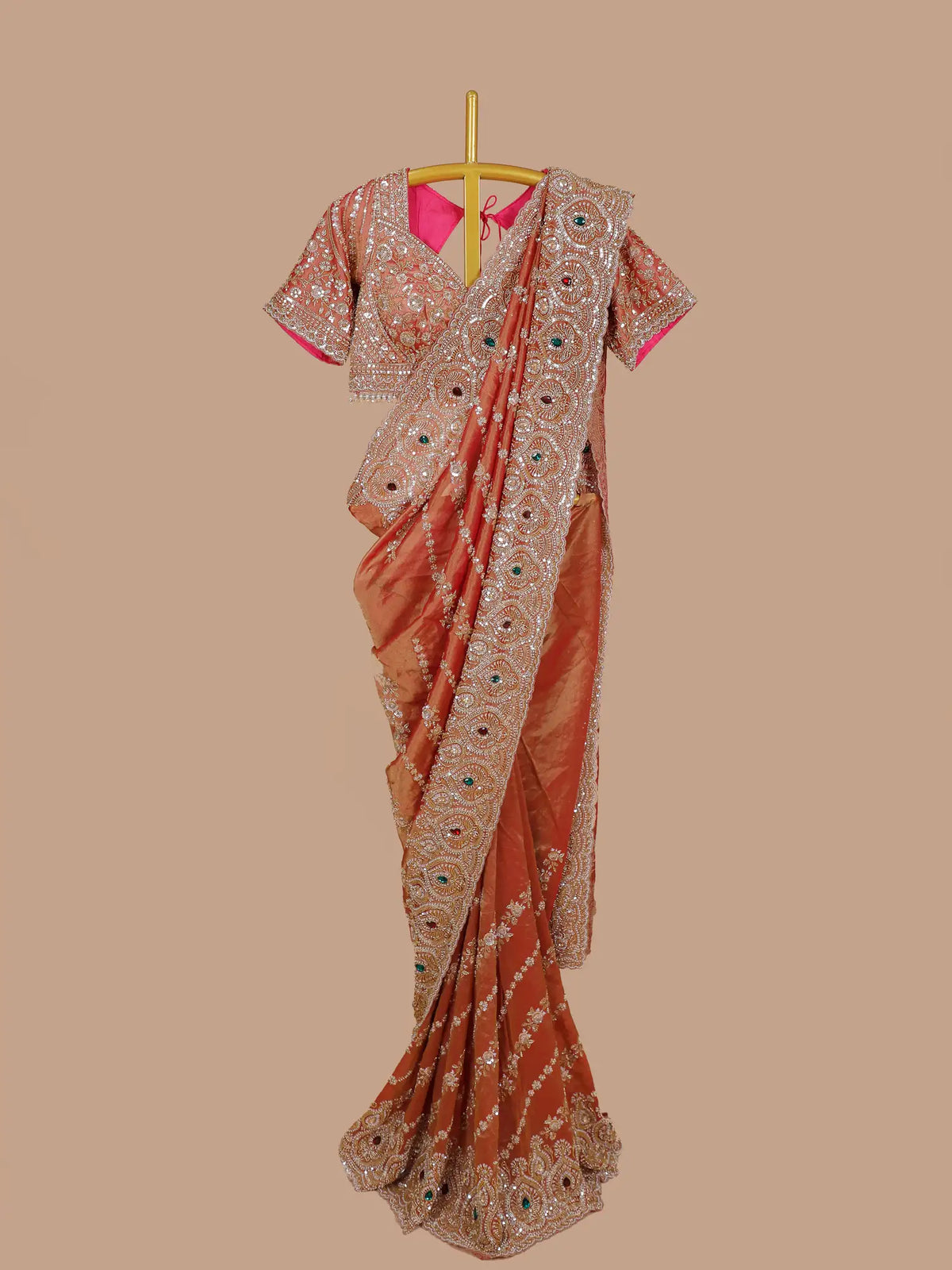 Rust Orange Giraffe Fabric Saree Featuring Gemstone Border Artistry