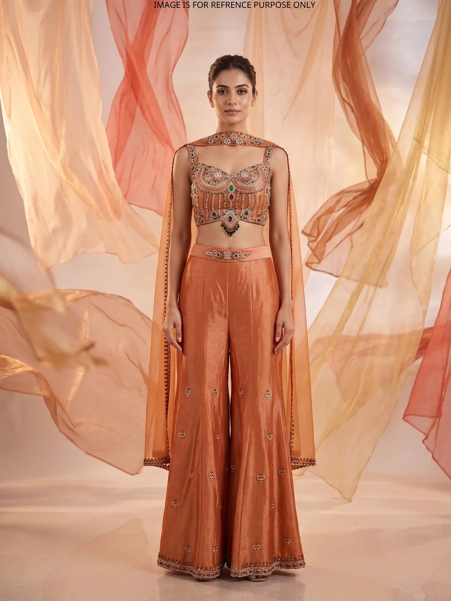 Rust Orange Designer Indo Western Palazzo Suit In Stone Pearl Work