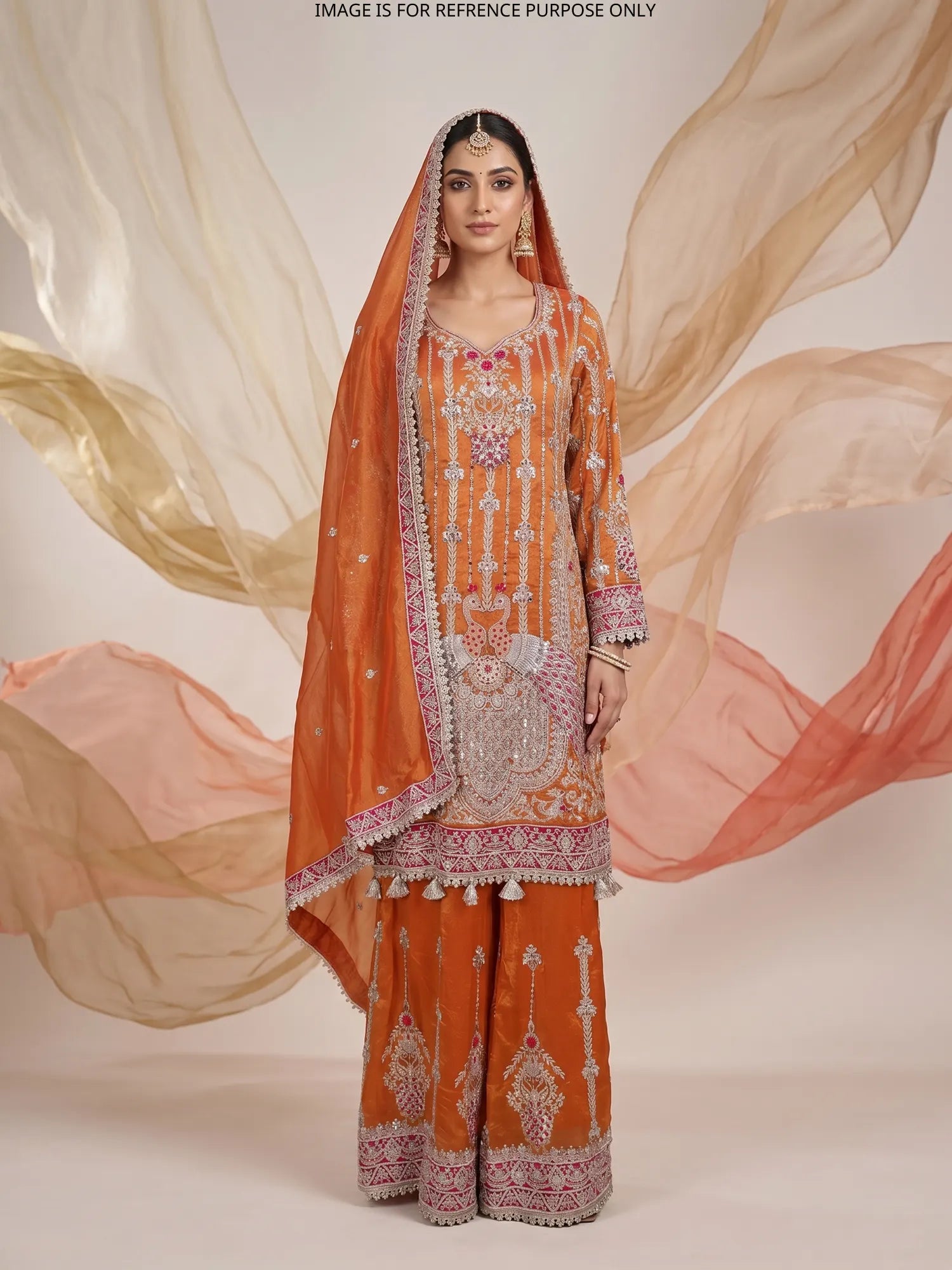 Rust Orange Designer Organza Palazzo Suit With Peacock Figure Art