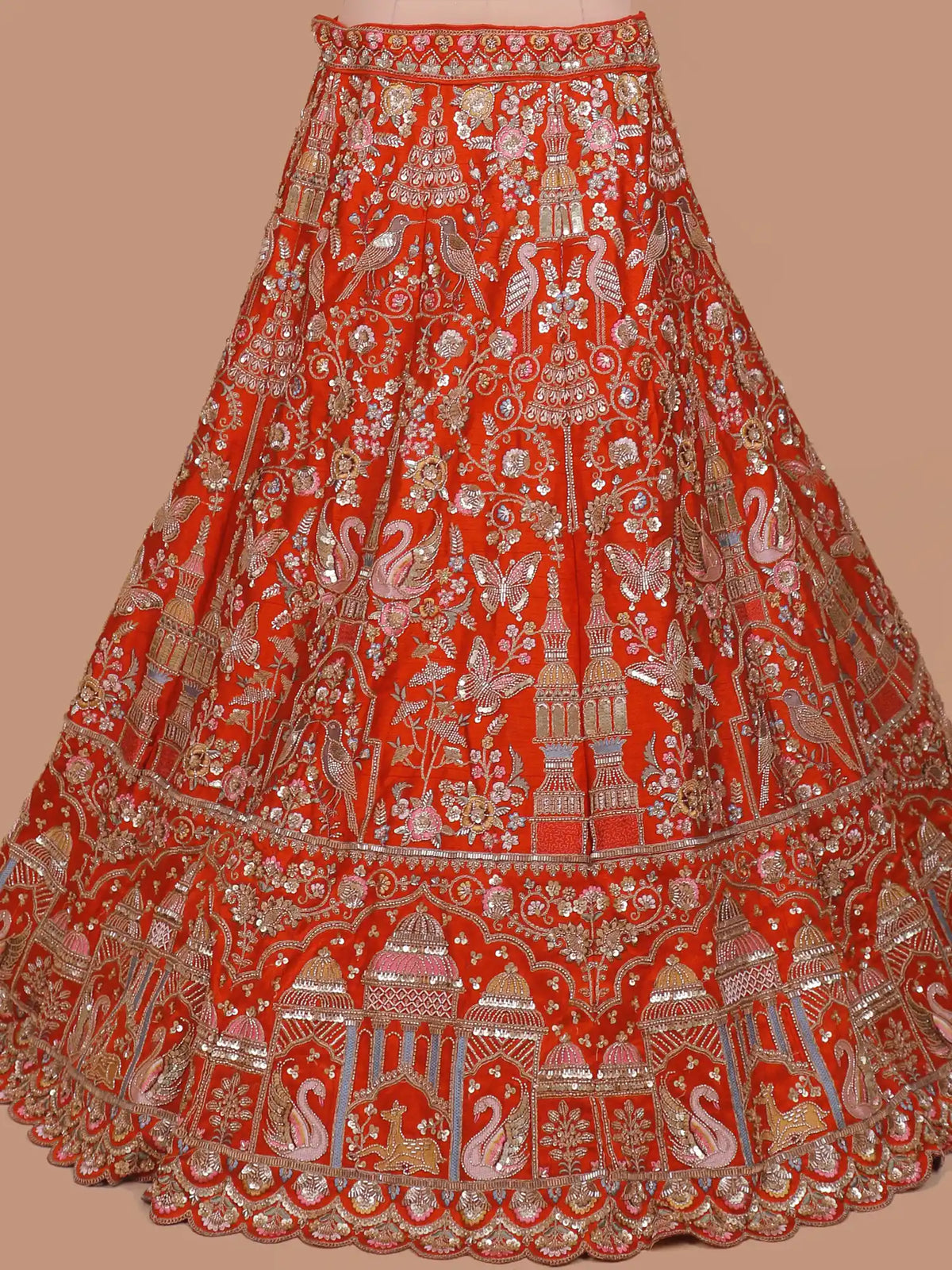 Exclusive Rust Orange Silk Lehenga Featuring Swans and Architectural Motifs