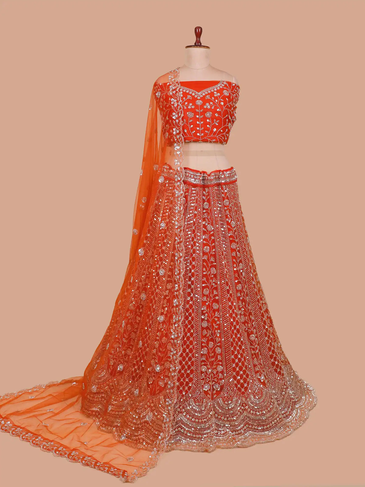 Affordable Rust Orange Party Wear Lehenga with Floral Sequin Detailing
