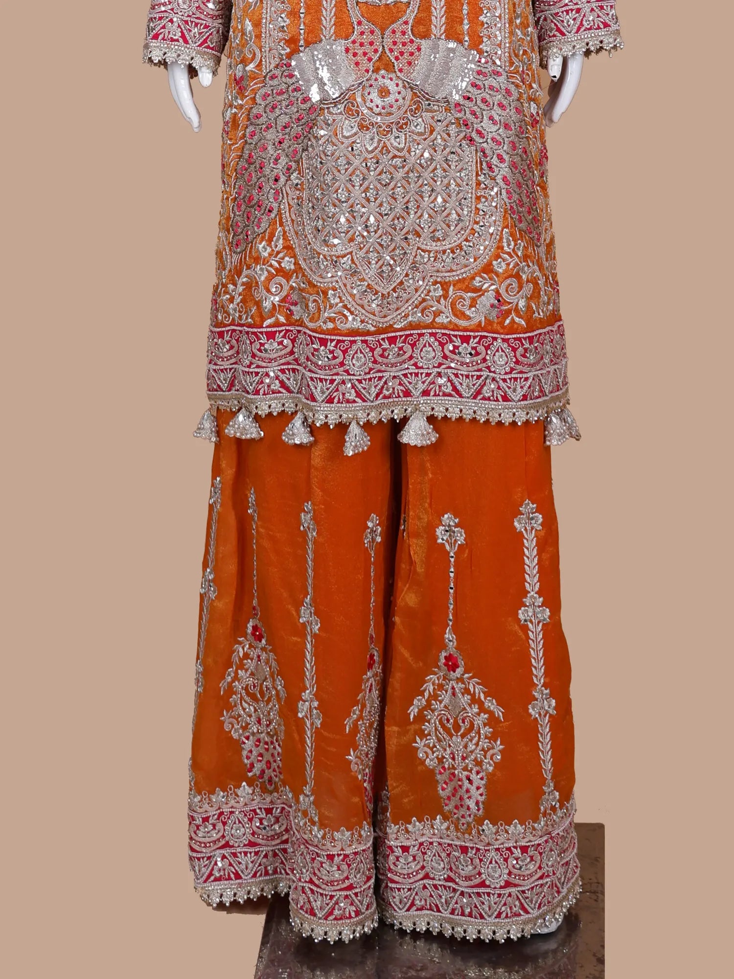 Rust Orange Designer Organza Palazzo Suit With Peacock Figure Art