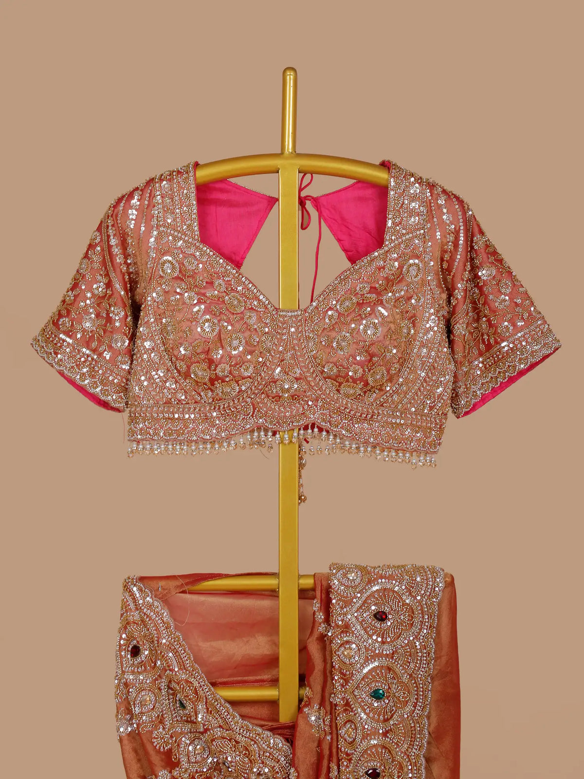 Rust Orange Giraffe Fabric Saree Featuring Gemstone Border Artistry