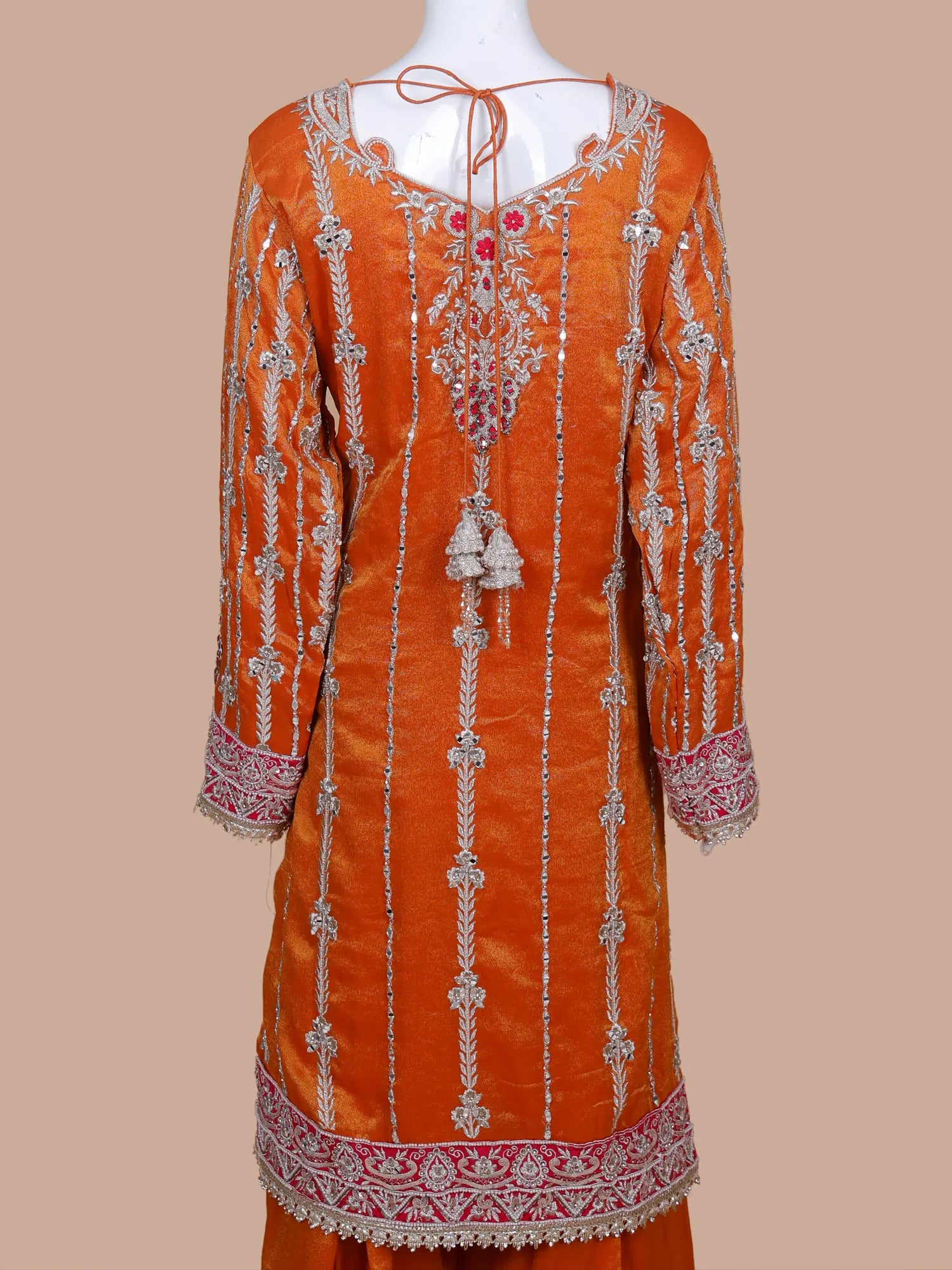 Rust Orange Designer Organza Palazzo Suit With Peacock Figure Art