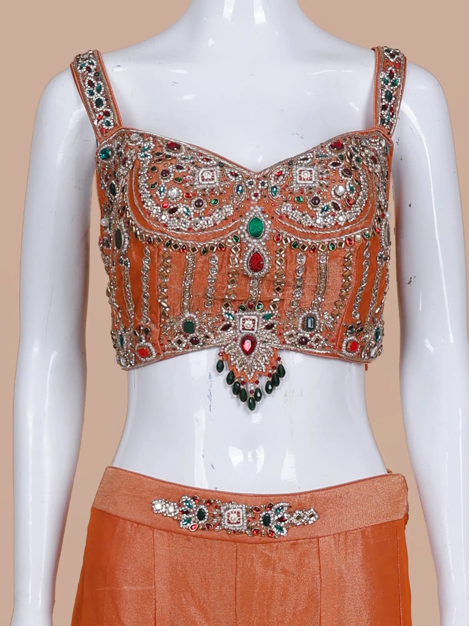 Rust Orange Designer Indo Western Palazzo Suit In Stone Pearl Work