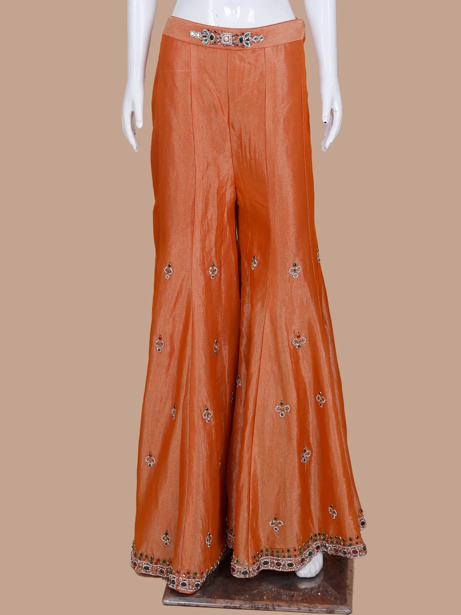 Rust Orange Designer Indo Western Palazzo Suit In Stone Pearl Work