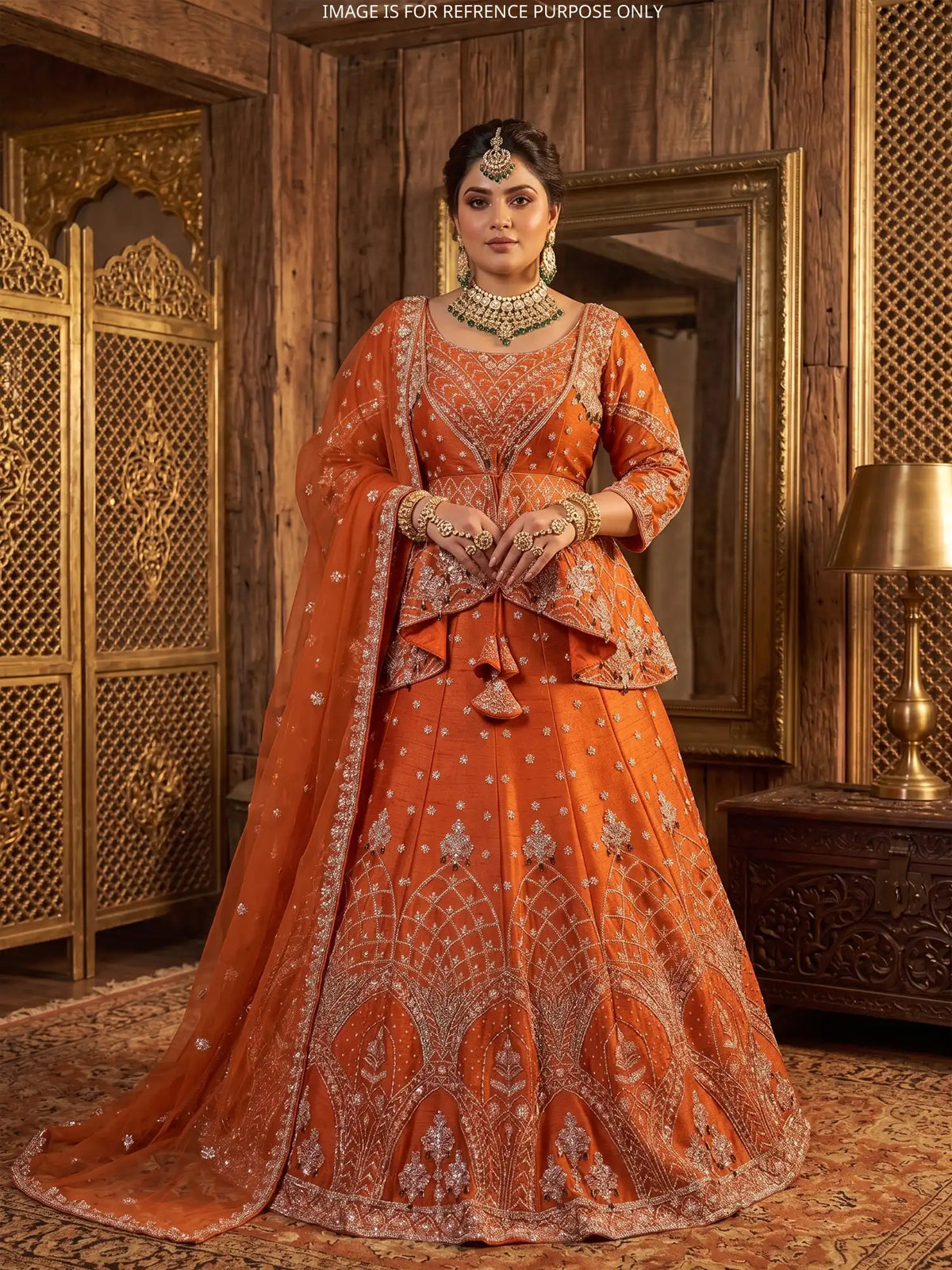 Rust Orange Silk Couture Jacket Style Lehenga Featuring Crystal Pearl Detailing