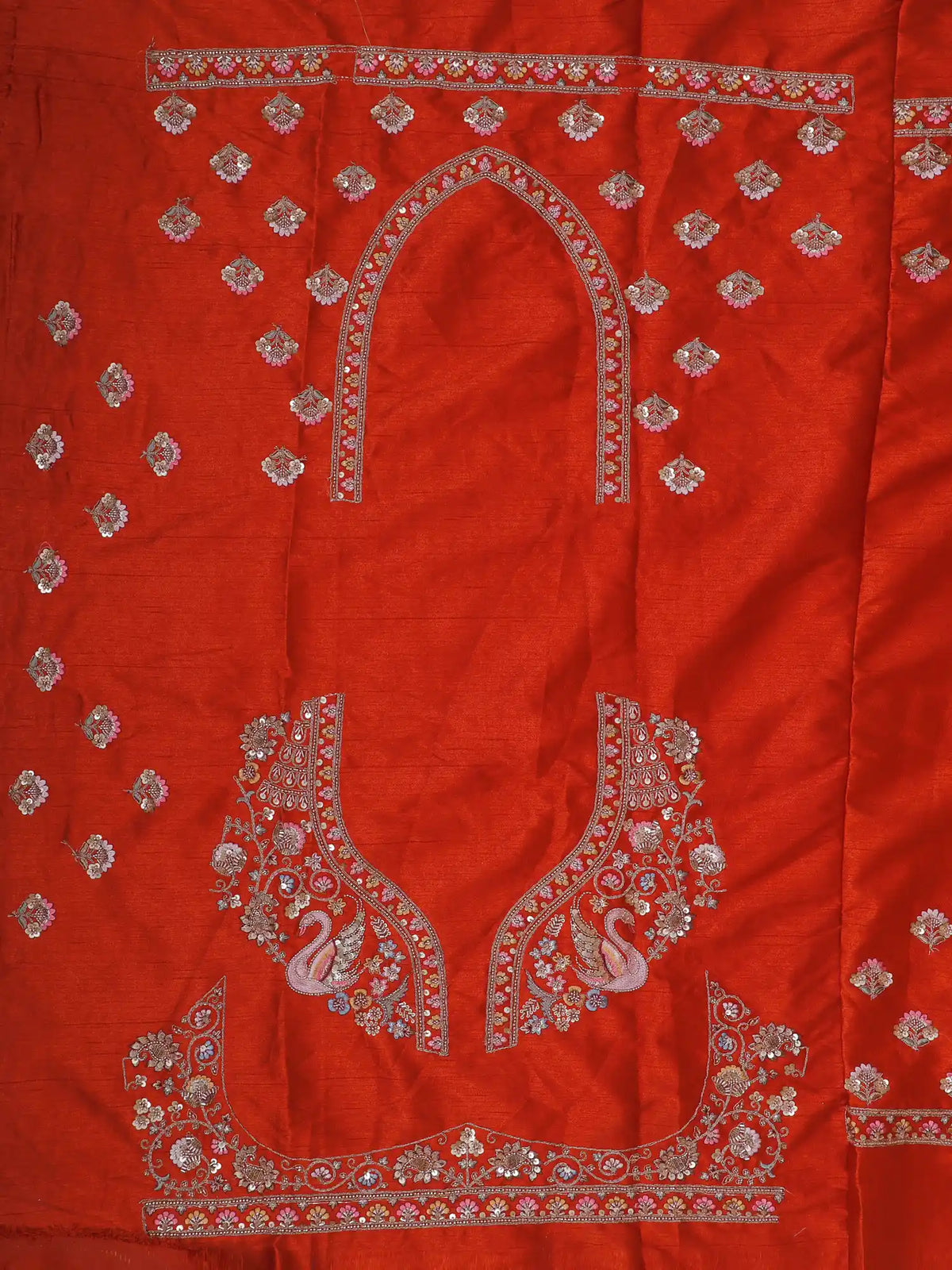 Exclusive Rust Orange Silk Lehenga Featuring Swans and Architectural Motifs