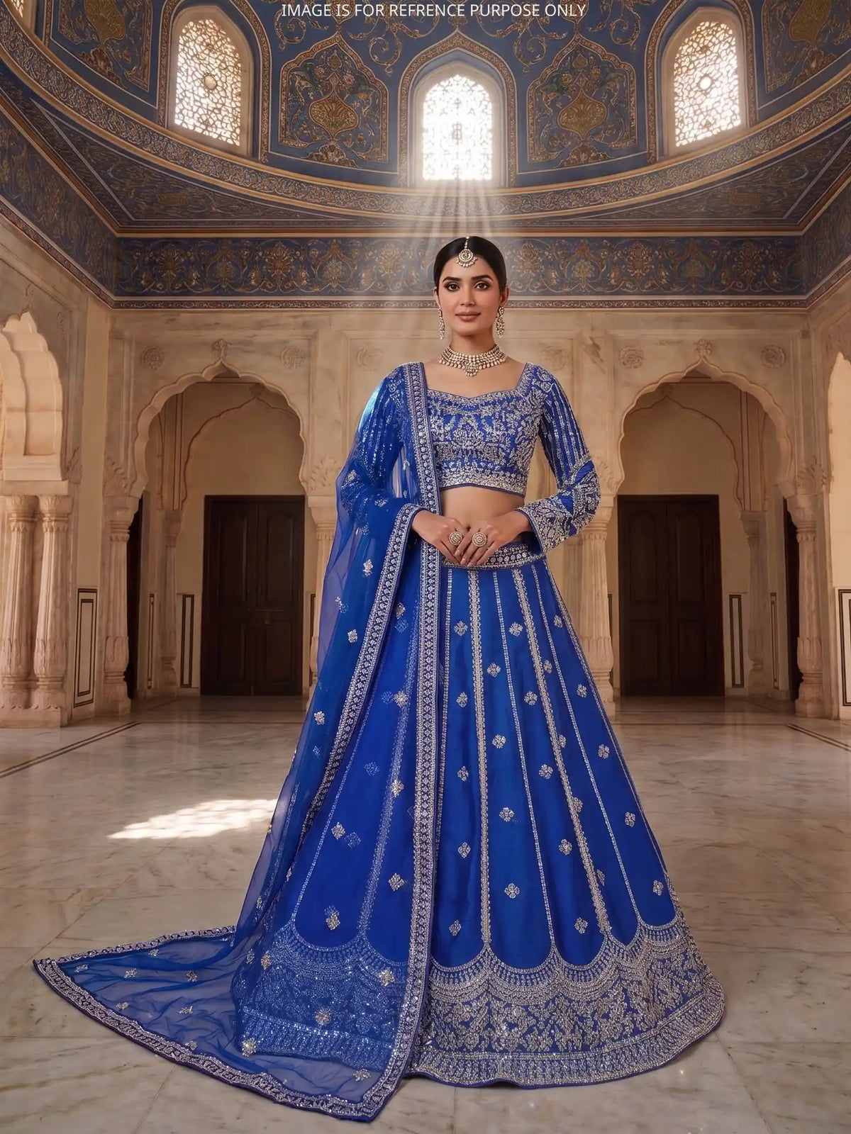 Sapphire Blue Designer Silk Lehenga Choli Showcasing Mirror and Moti Work