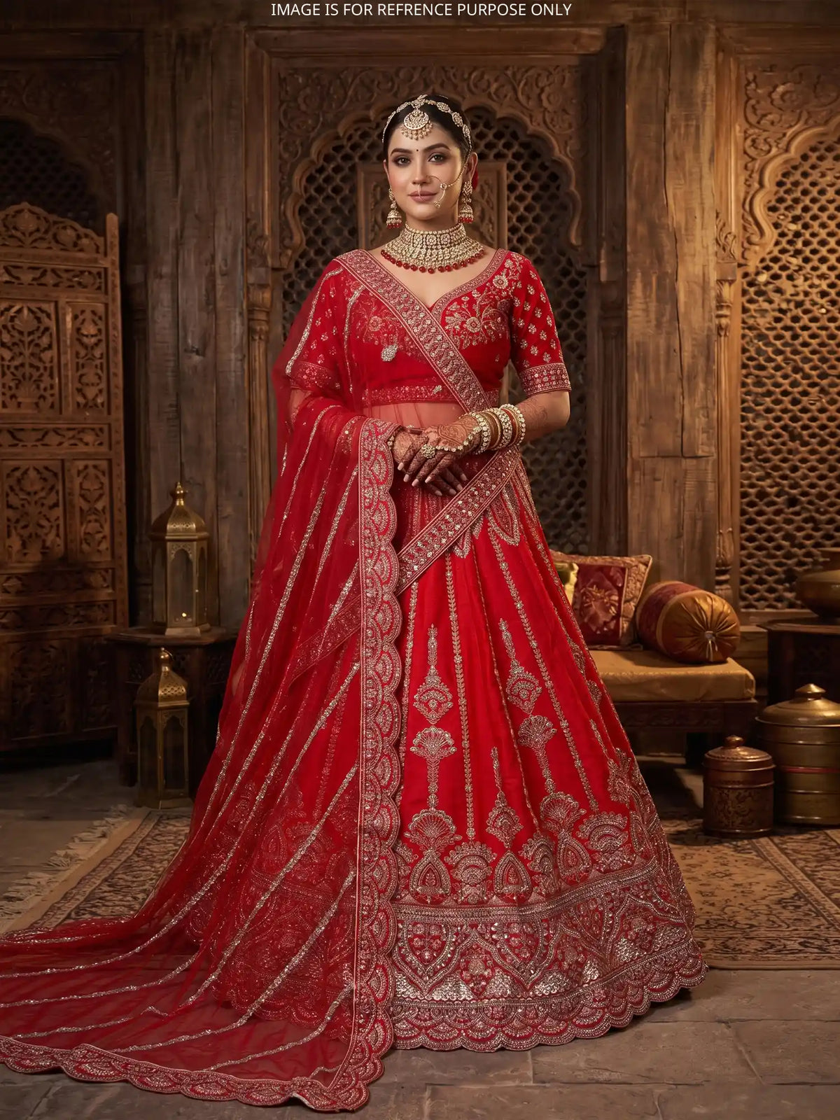 Scarlet Ceremony Red Silk Unstitched Lehenga With Diamond Moti Work