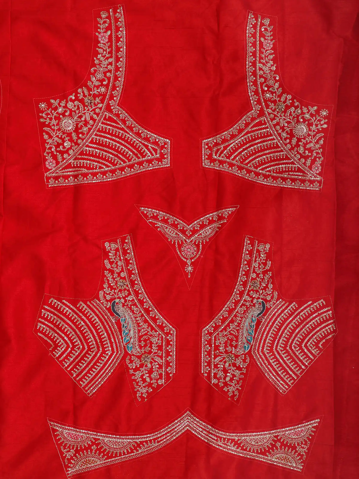 Scarlet Silk Lehenga Showcasing Royal Architecture and Bird Motifs