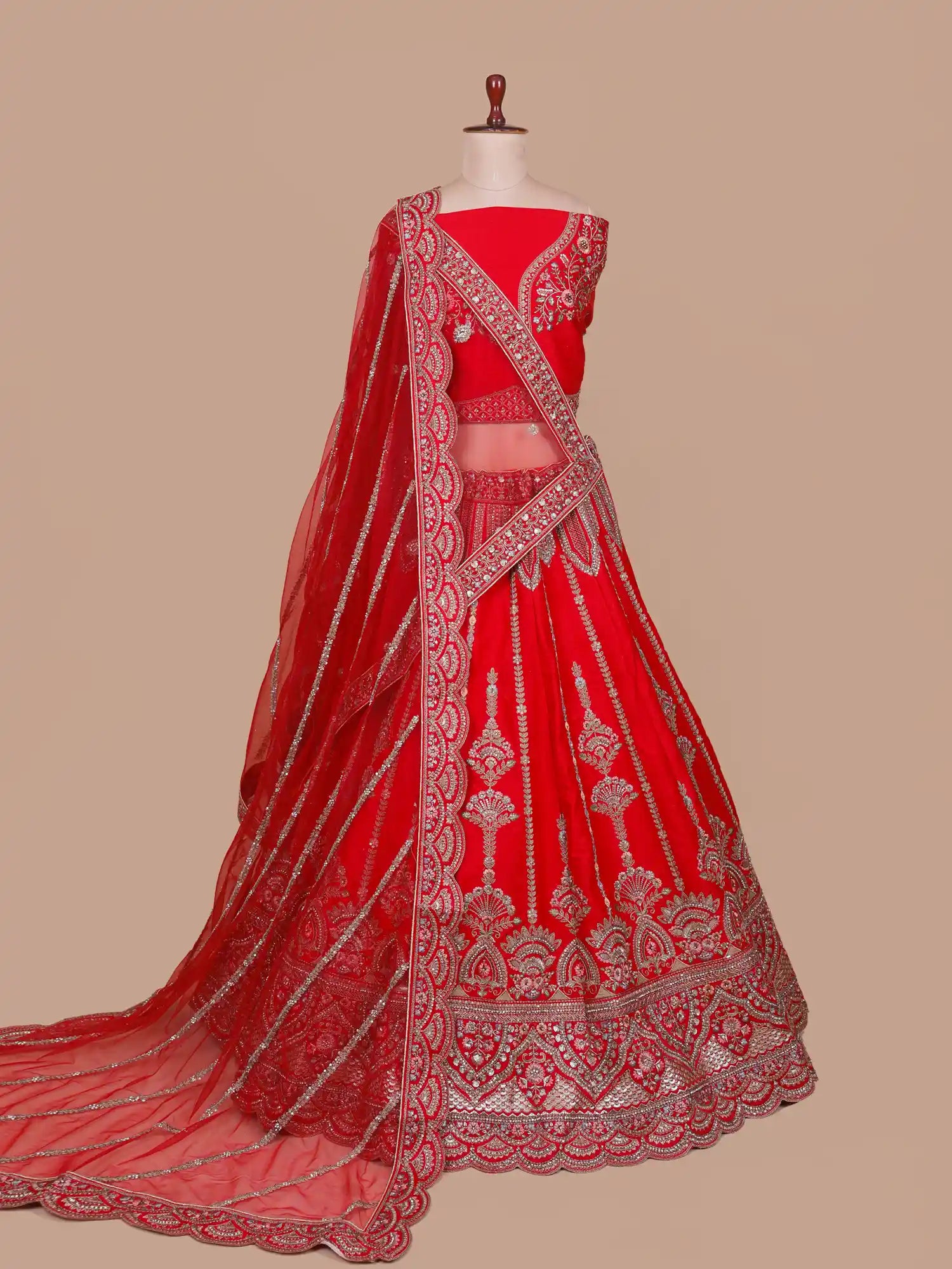 Scarlet Ceremony Red Silk Unstitched Lehenga With Diamond Moti Work