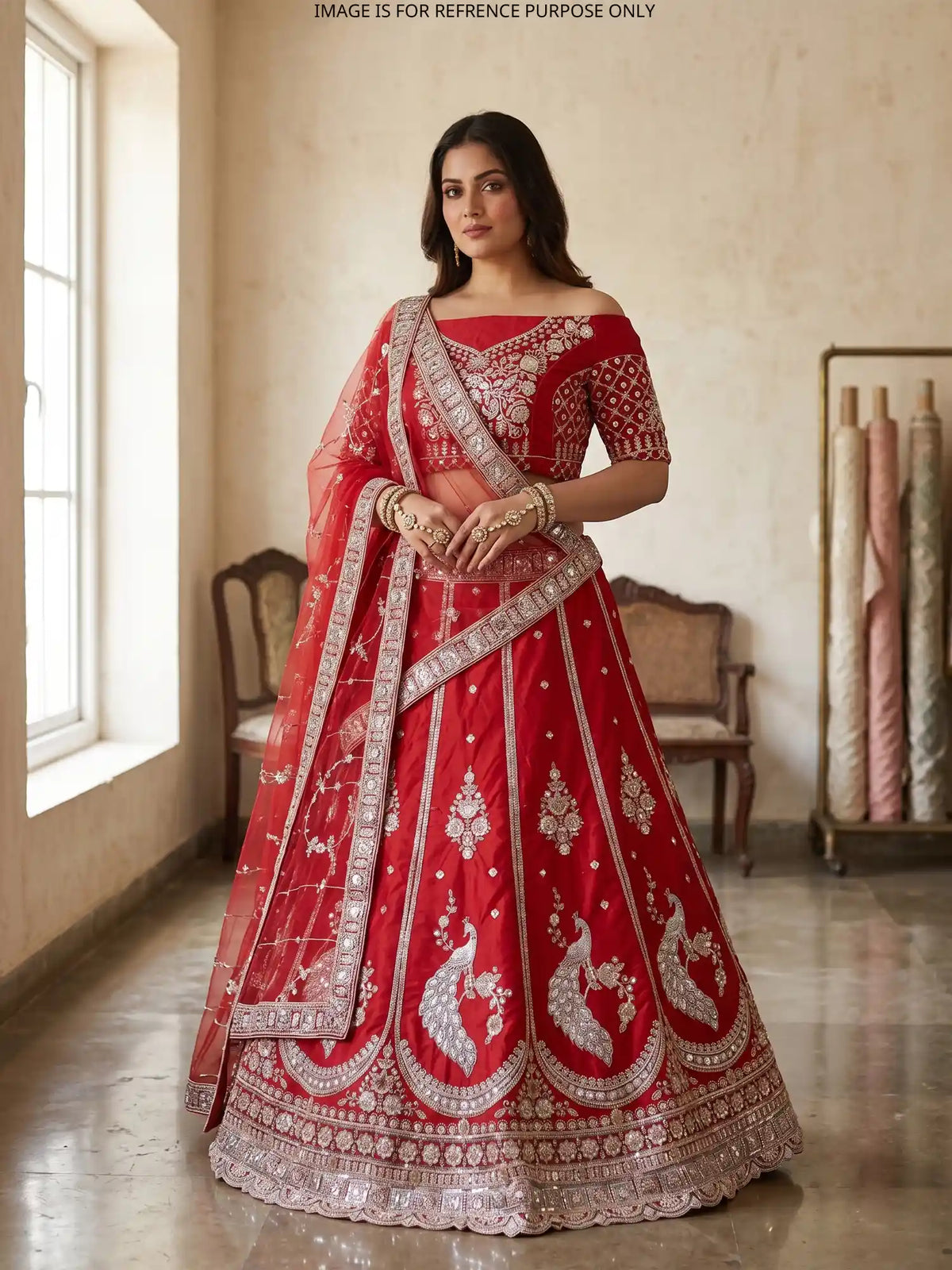 Scarlet Silk Sider Lehenga with Intricate Peacock Patterns
