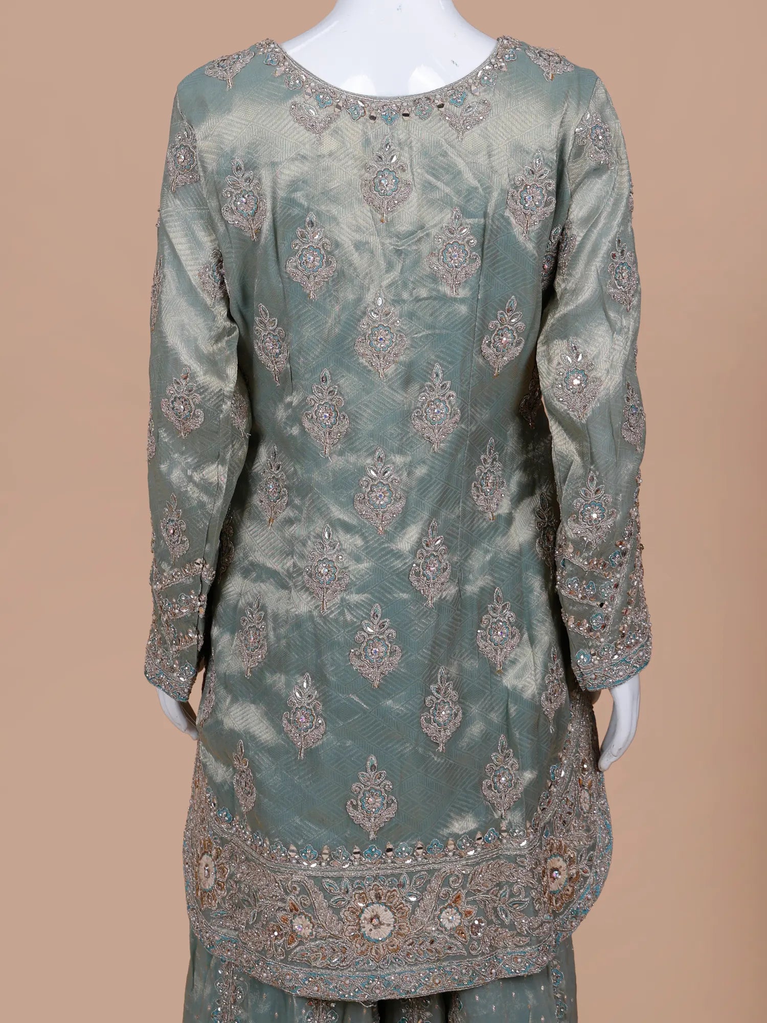 Heritage Sea Green Shimmer Silk Palazzo Suit In Mirror Threadwork