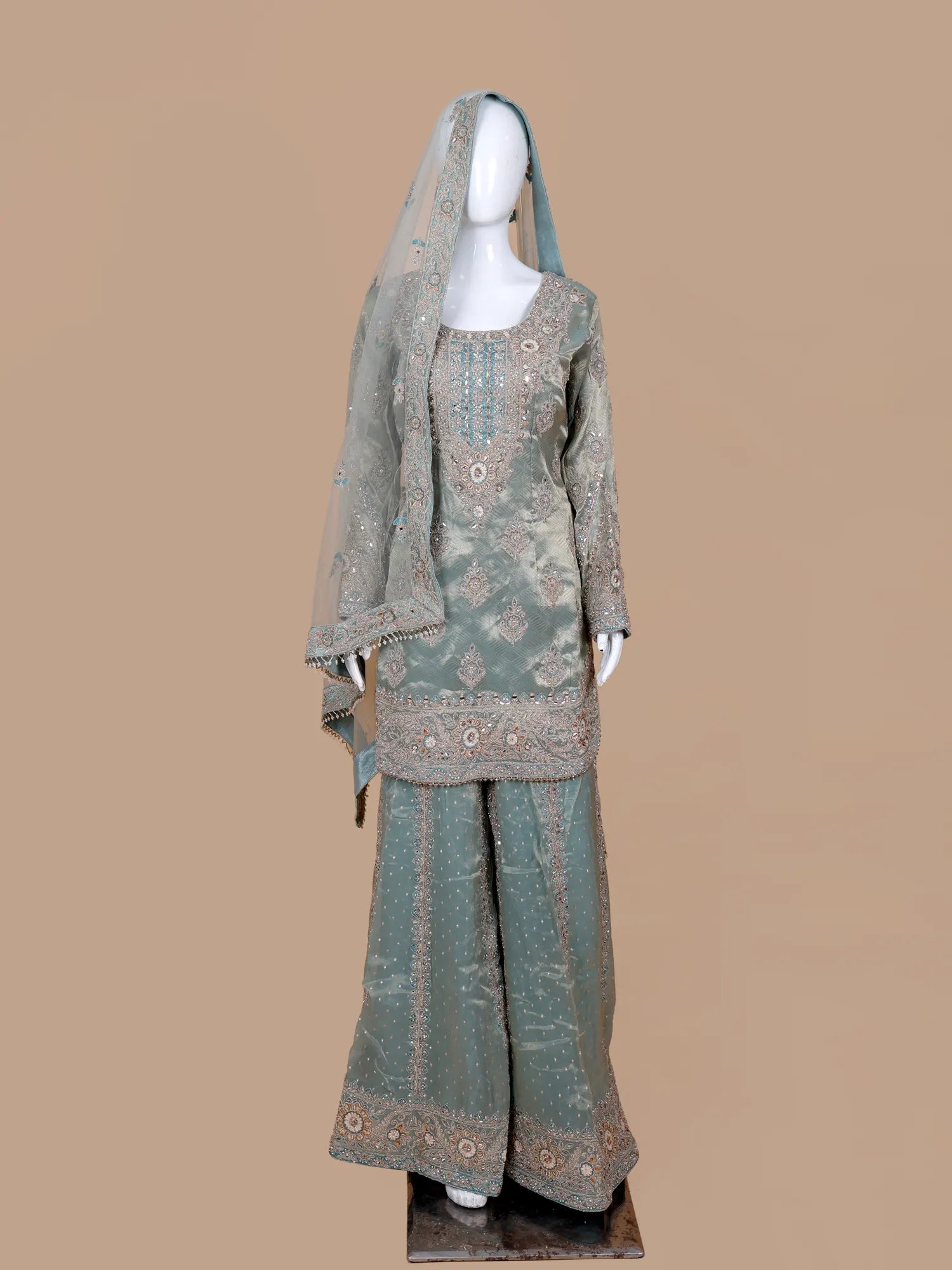 Heritage Sea Green Shimmer Silk Palazzo Suit In Mirror Threadwork
