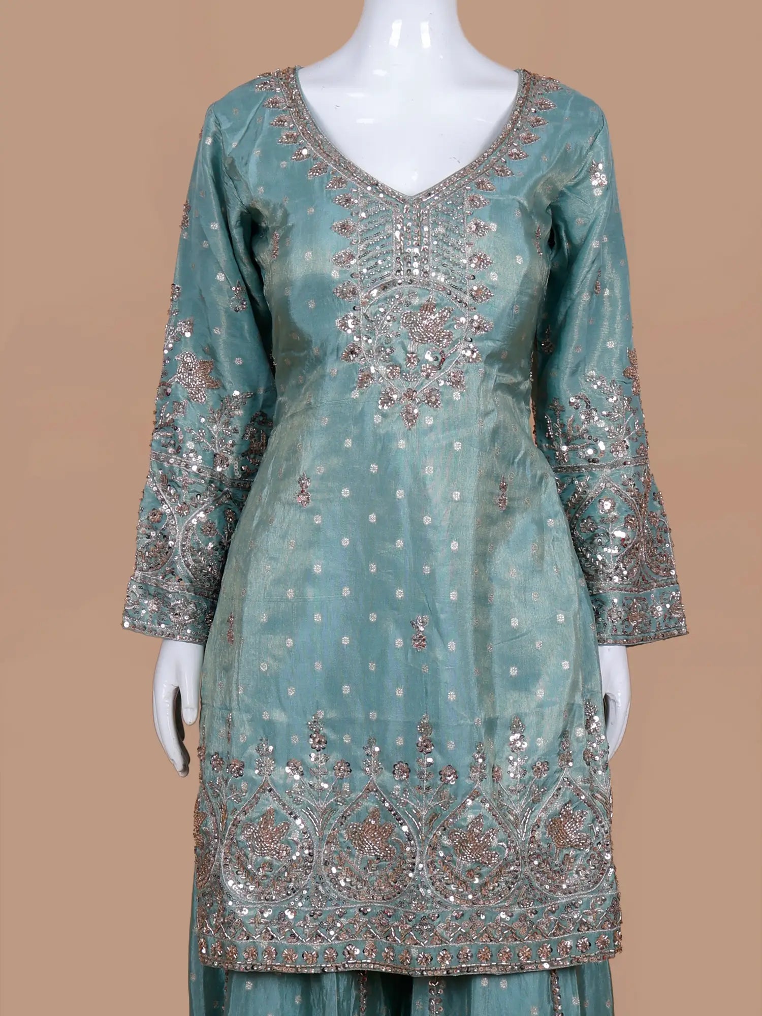 Discover Sea Green Shimmer Palazzo Suit With Bead Sequin Art