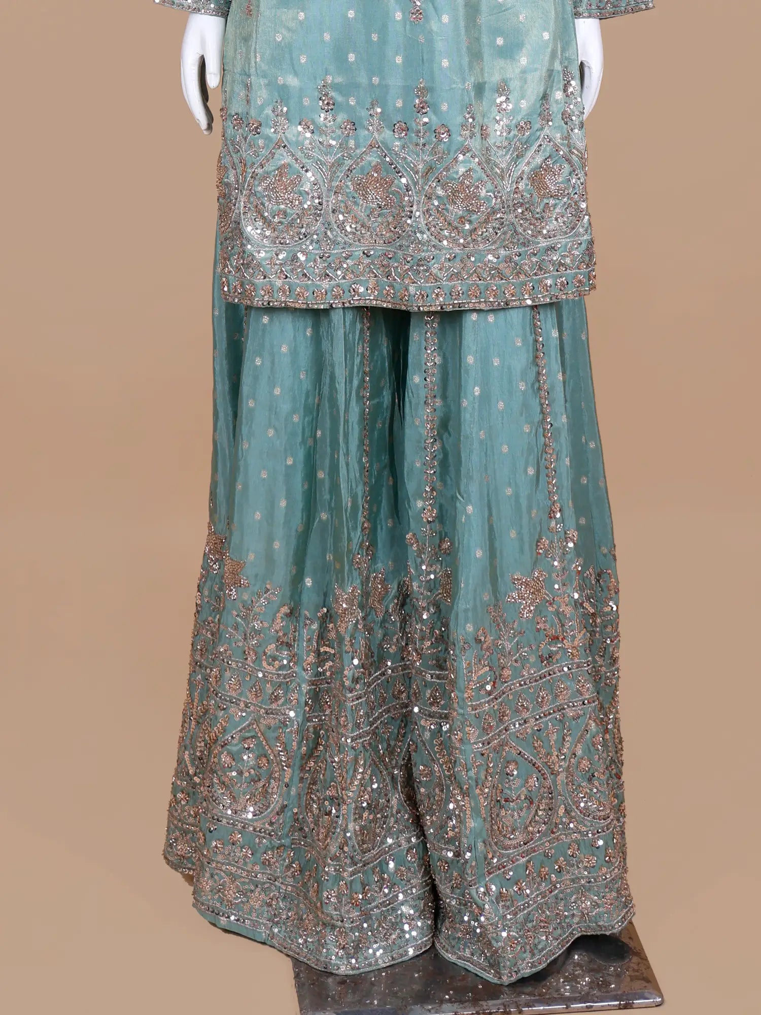 Discover Sea Green Shimmer Palazzo Suit With Bead Sequin Art