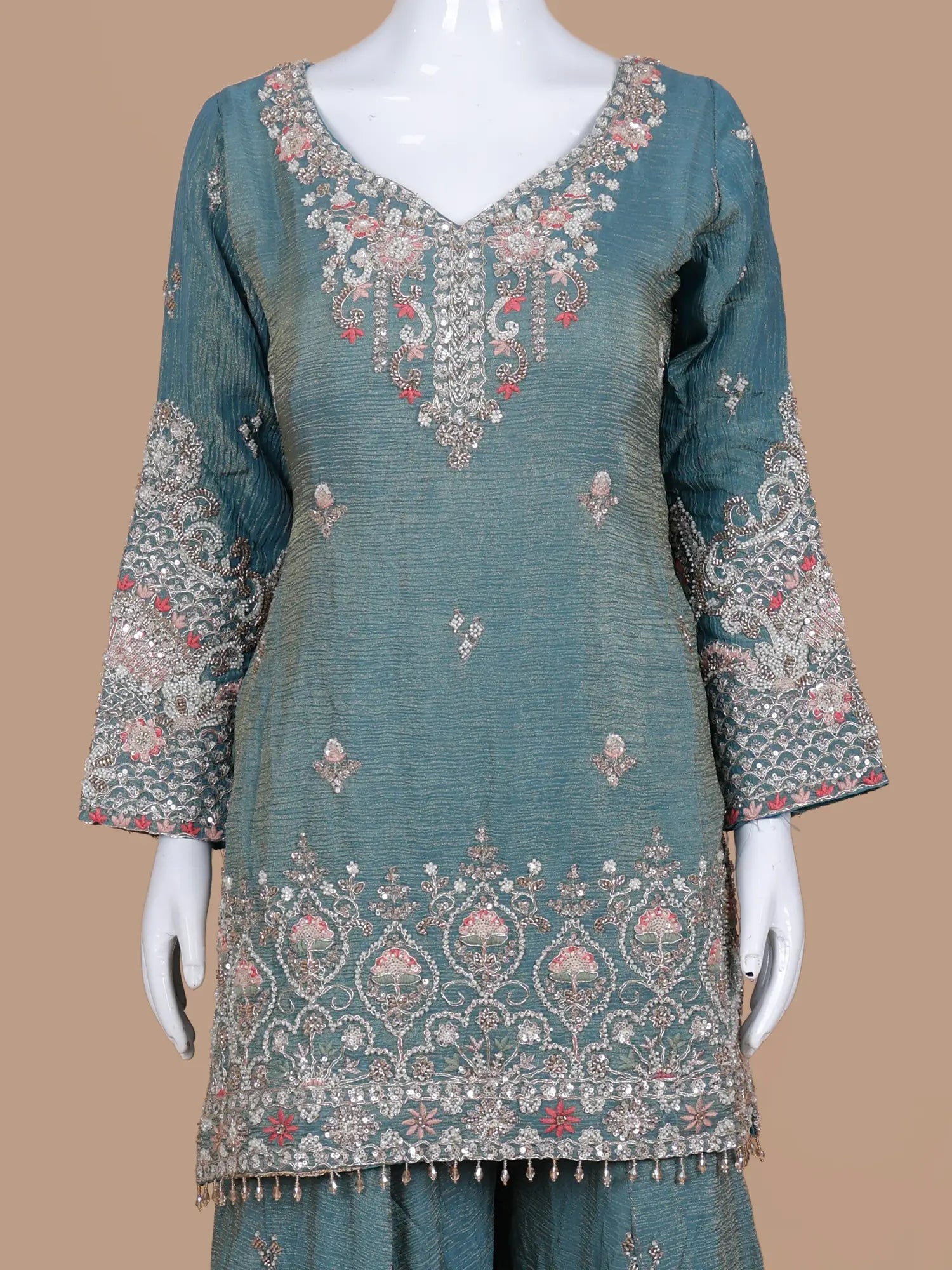 Shop Sea Green Luxury Palazzo Suit Online In Detailed Bead Sequin Embroidery