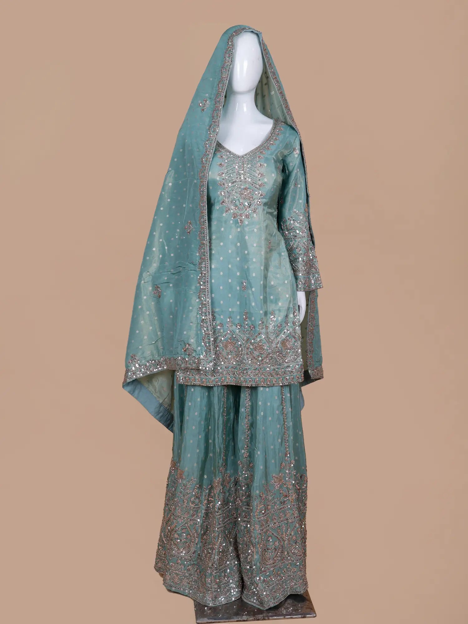 Discover Sea Green Shimmer Palazzo Suit With Bead Sequin Art