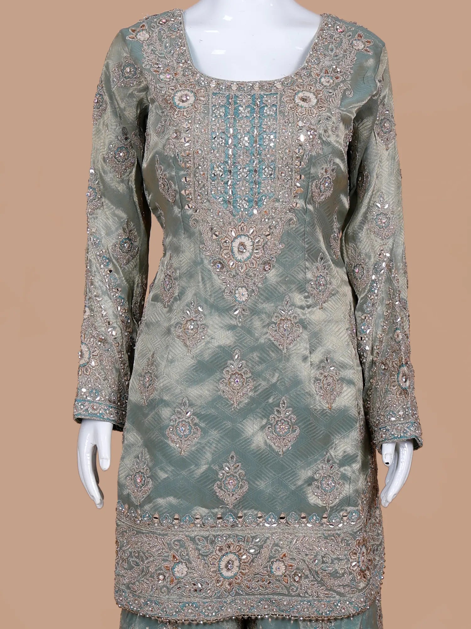 Heritage Sea Green Shimmer Silk Palazzo Suit In Mirror Threadwork
