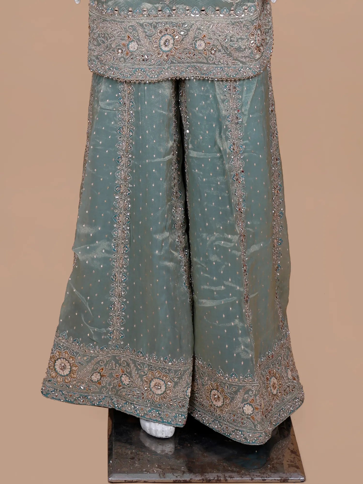 Heritage Sea Green Shimmer Silk Palazzo Suit In Mirror Threadwork