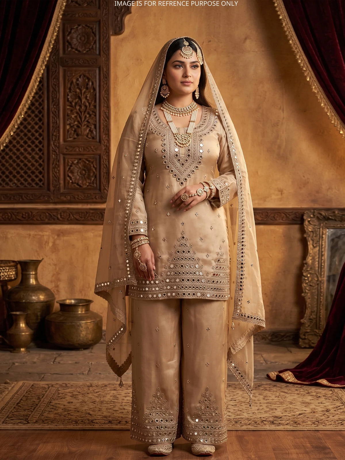 Select Champagne Shimmer Silk Traditional Palazzo Suit Highlighting Mirror Work