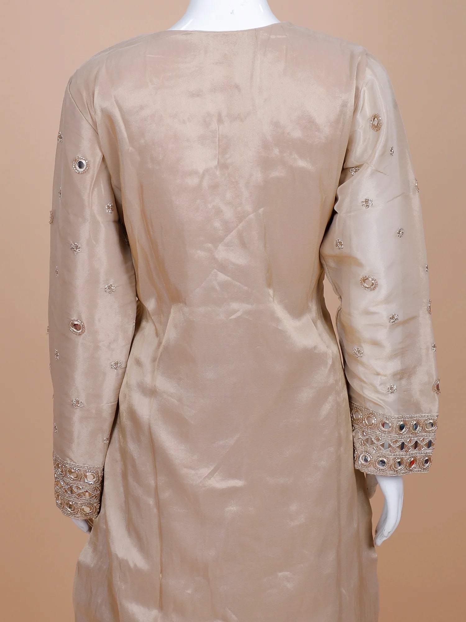 Select Champagne Shimmer Silk Traditional Palazzo Suit Highlighting Mirror Work