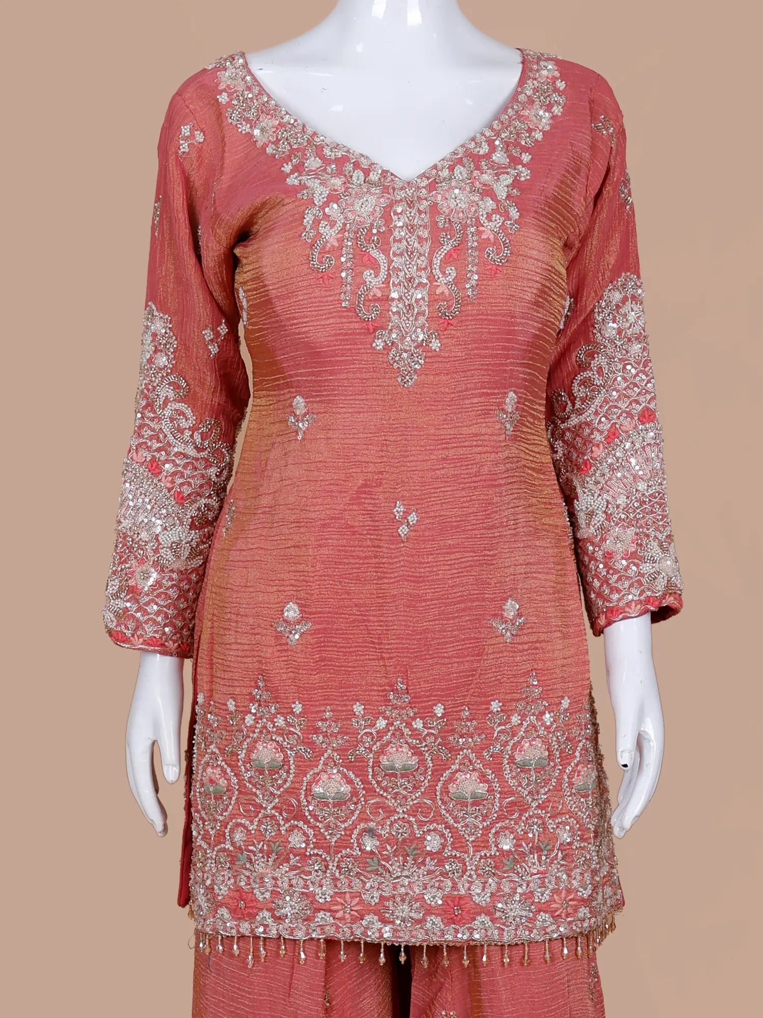 Own Dark Peach Shimmer Silk Palazzo Suit In Designer Threadwork