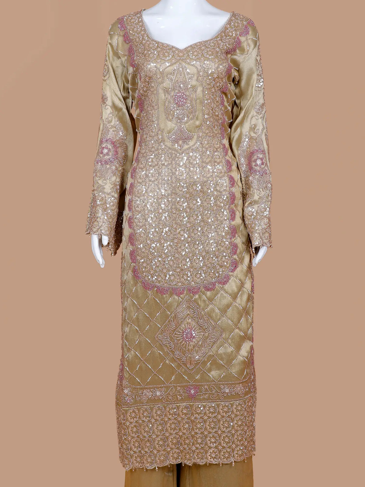 Striking Golden Shimmer Silk Designer Suit Featuring Contrast Pink Silver Work