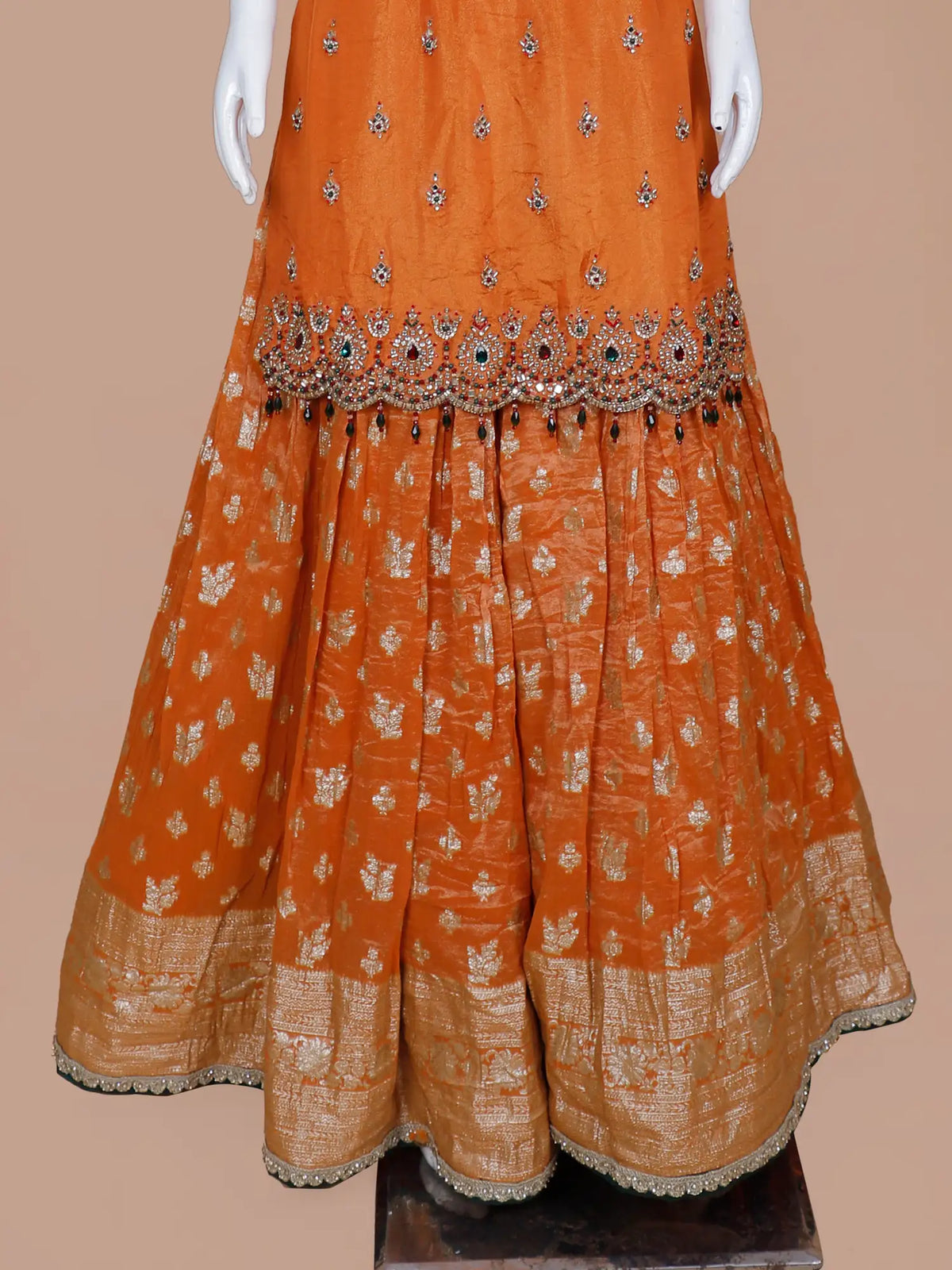 Rust Orange Banarasi Silk Shimmer Palazzo Set with Crystal Stone Detailing