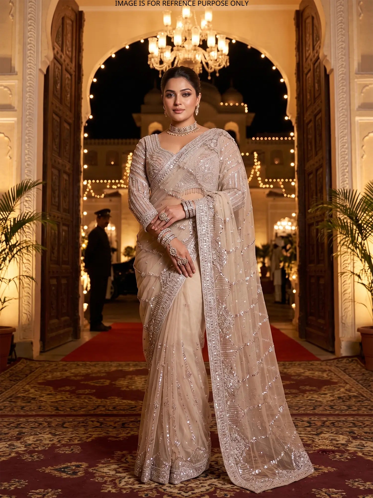 Shop Affordable Champagne Net Designer Saree Designed For Grand Occasions