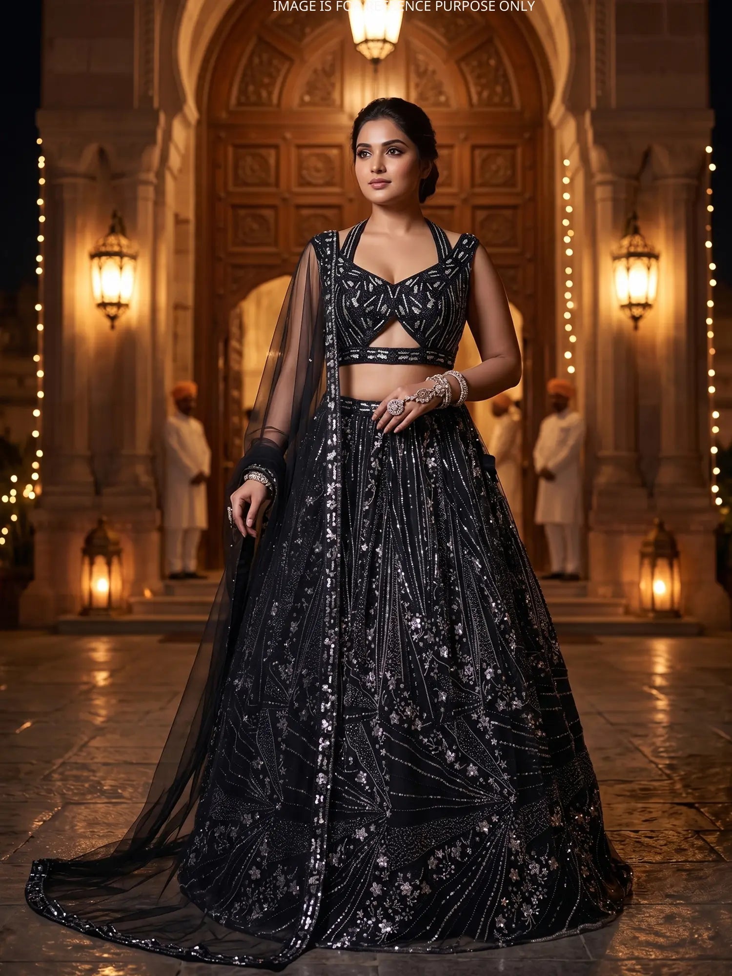 Shop Black Net Designer Lehenga With Petite Round Flare and Sequin Work