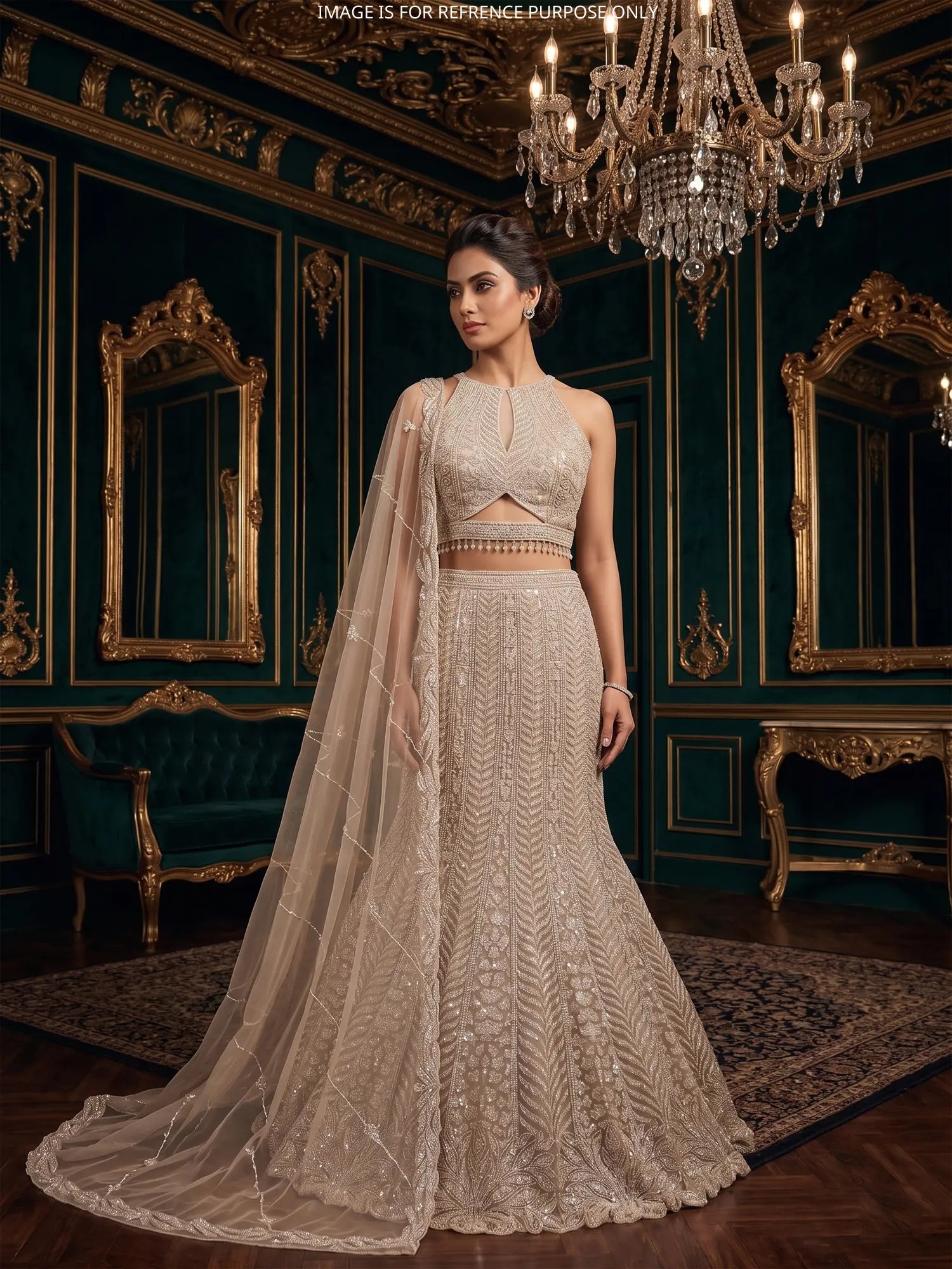 Shop Champagne Net Fishcut Lehenga Online With Sequins Work