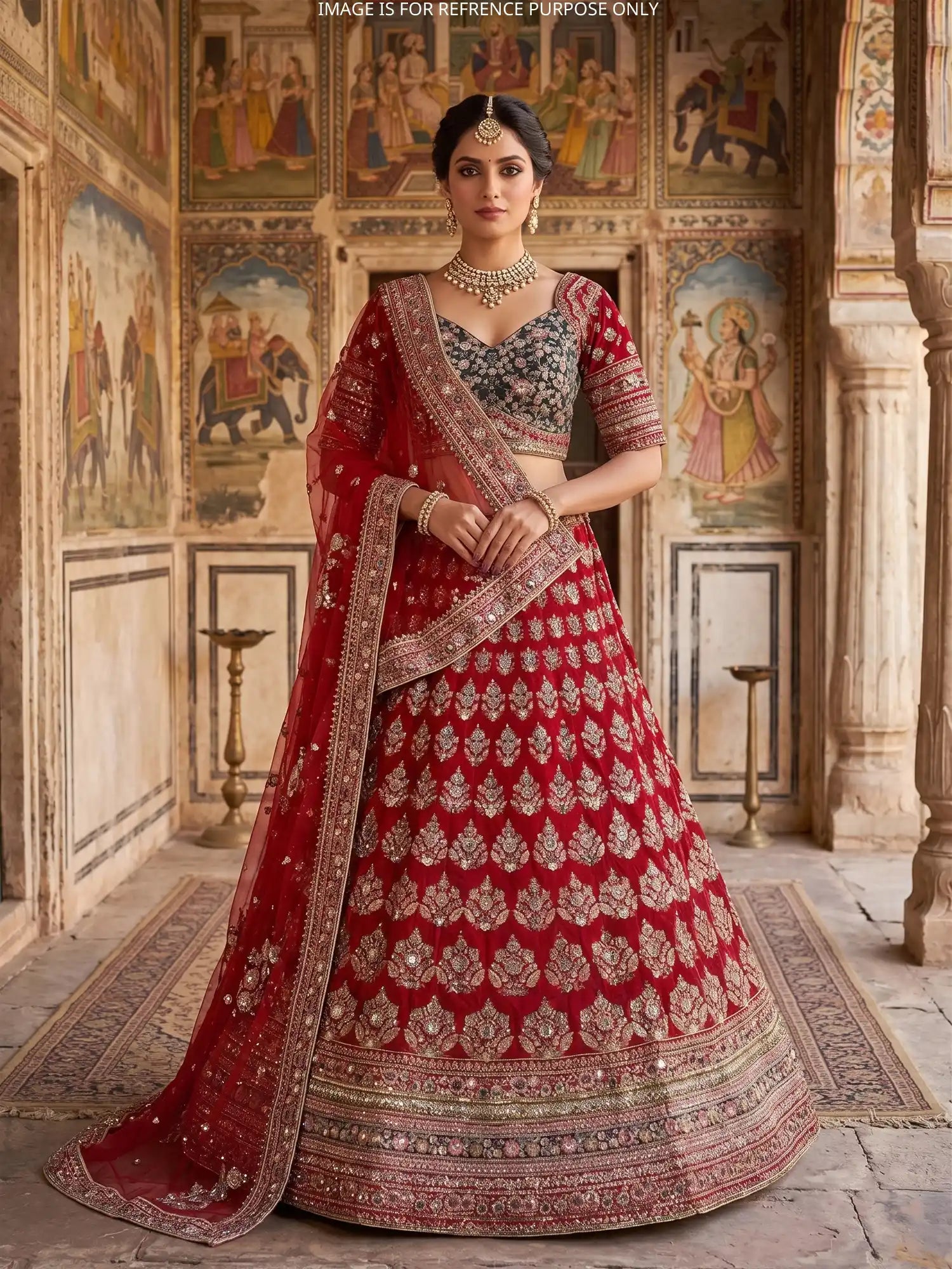 Shop Crimson Majesty Red Silk Bridal Lehenga With Floral Stone Embroidery