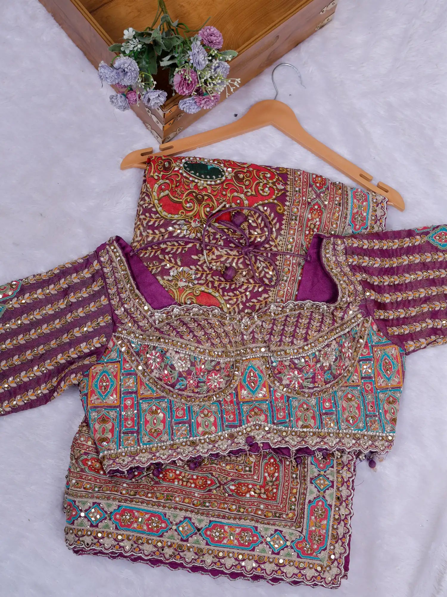 Shop Enchanting Dark Magenta Printed Crepe Saree Online Store With Mirror Handwork