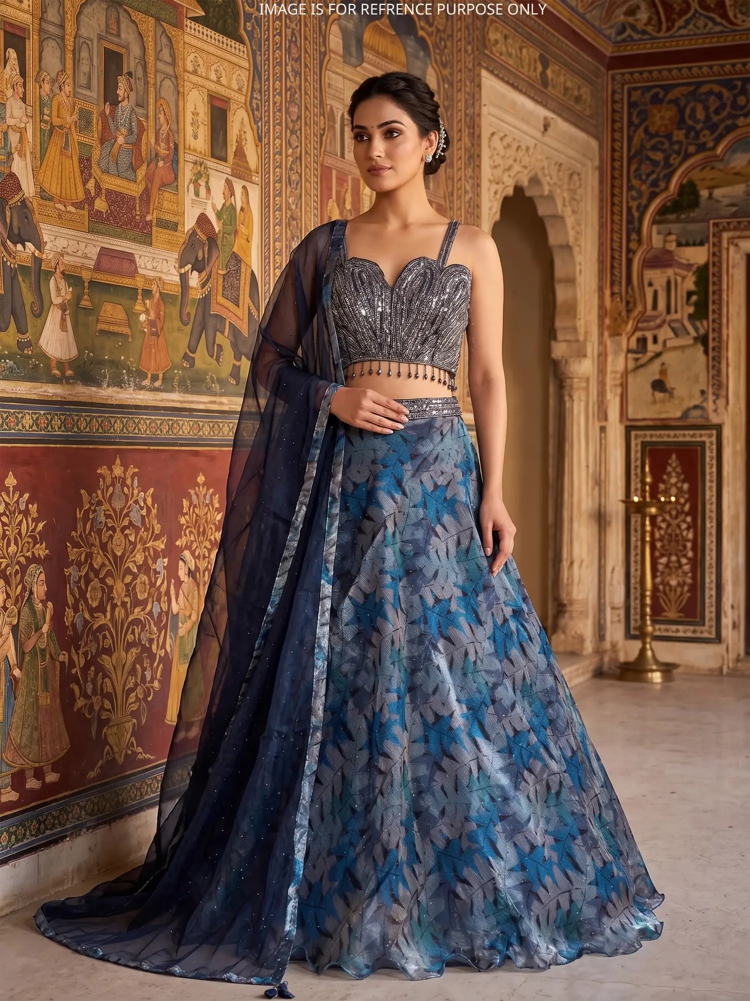 Shop Iconic Navy Blue Organza Lehenga With Designer Sparkle