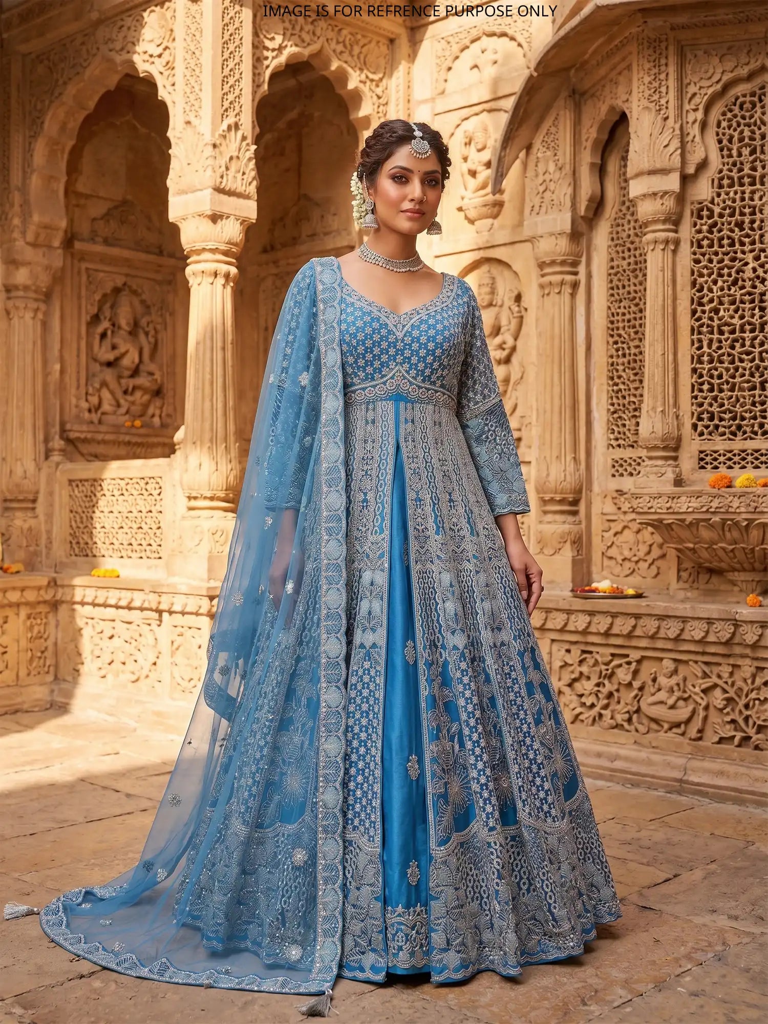 Shop Lavish Blue Indo Western Lehenga With Rich Handwork