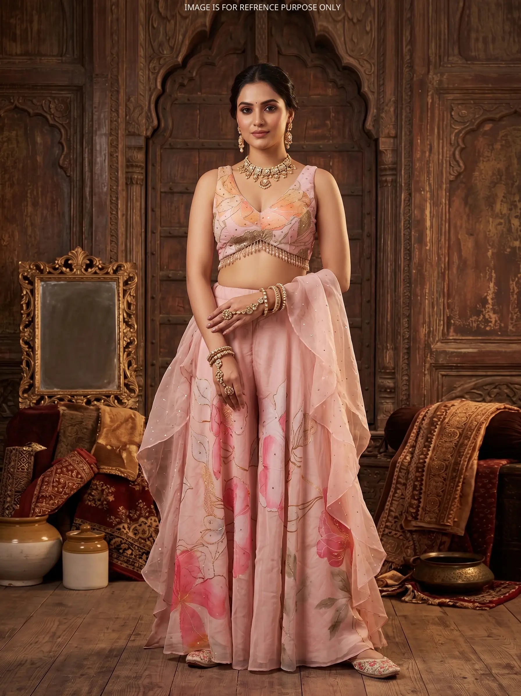 Shop Light Pink Printed Silk Indo Western Palazzo Suit Showcasing Ruffle Dupatta