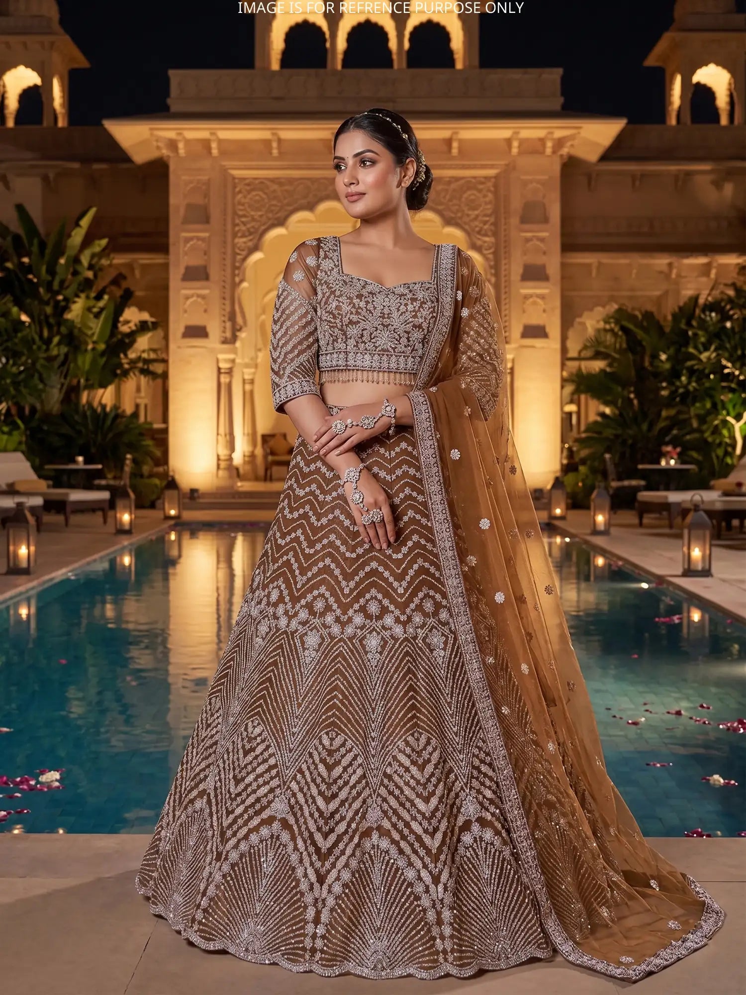 Shop Luxury Brown Net Lehenga Choli With Designer Embroidery For Wedding Functions