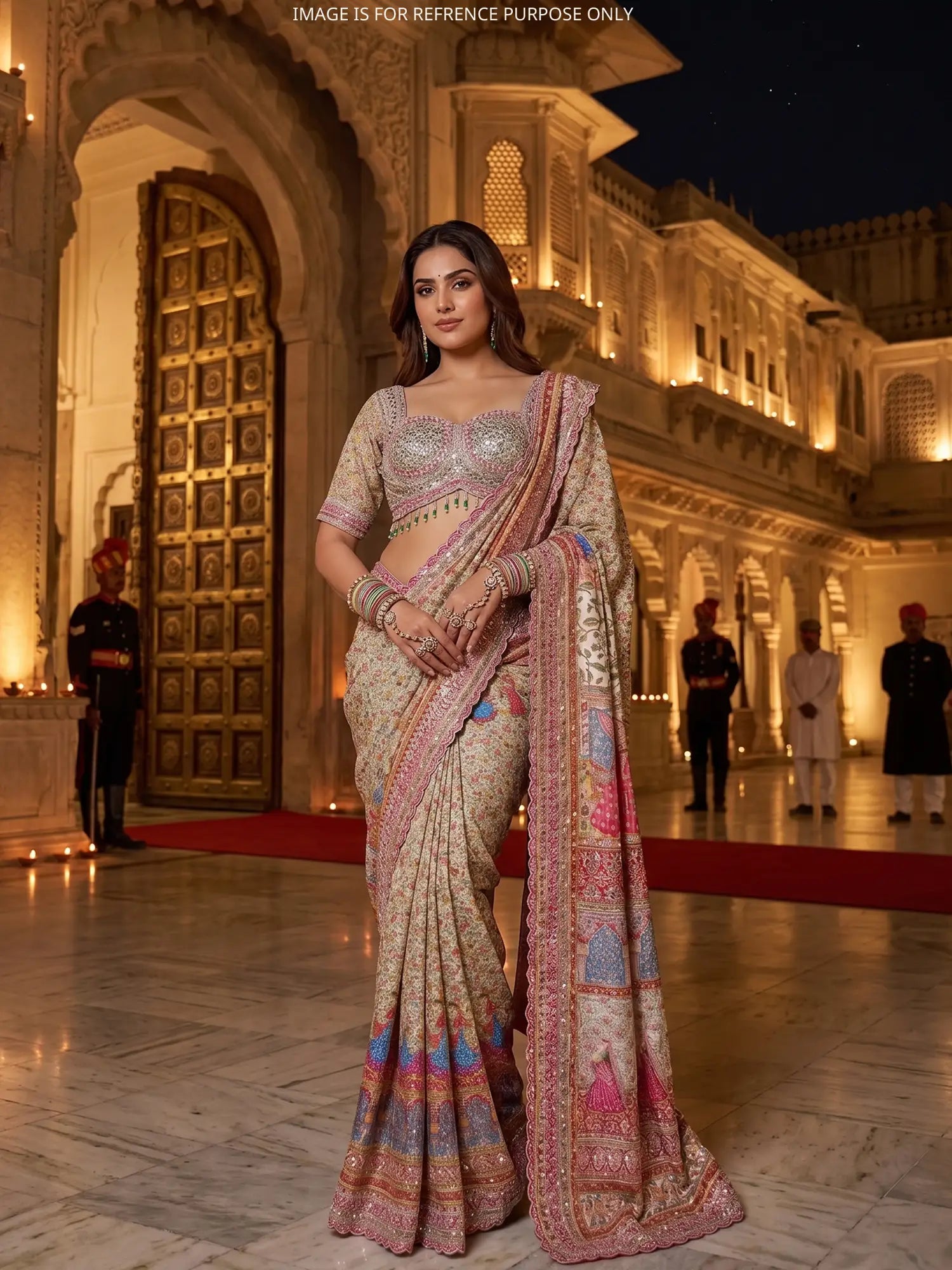 Shop Luxury Multicolor Silk Saree Online With Signature Pearl Diamond Art