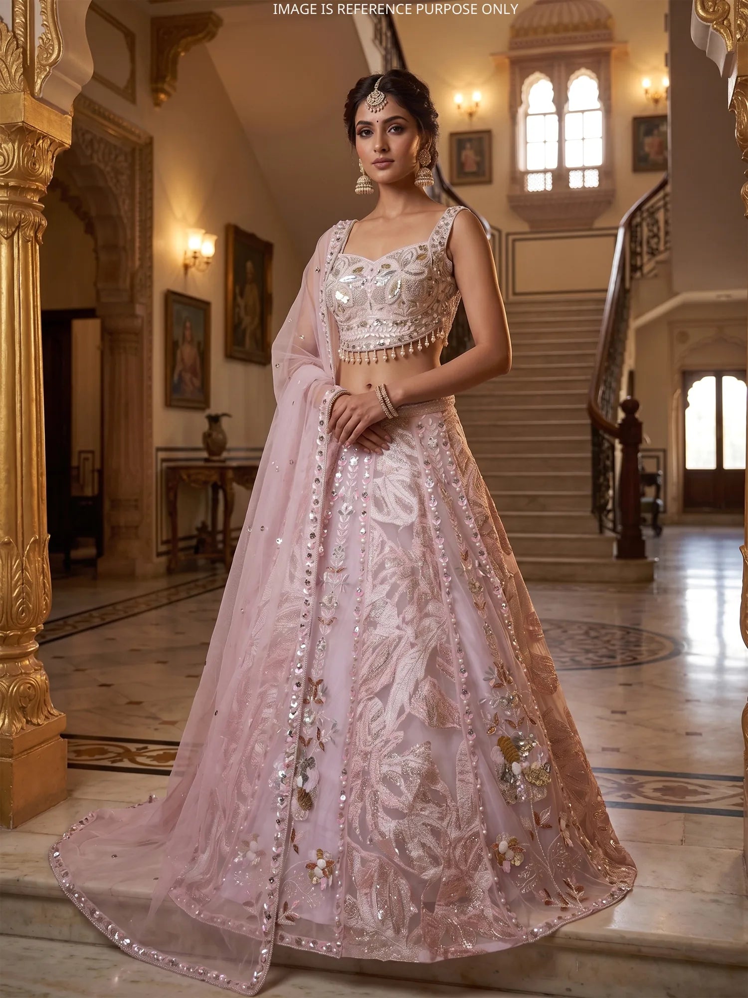 Shop Majestic Light Pink Net Jacquard Lehenga With Designer Finish