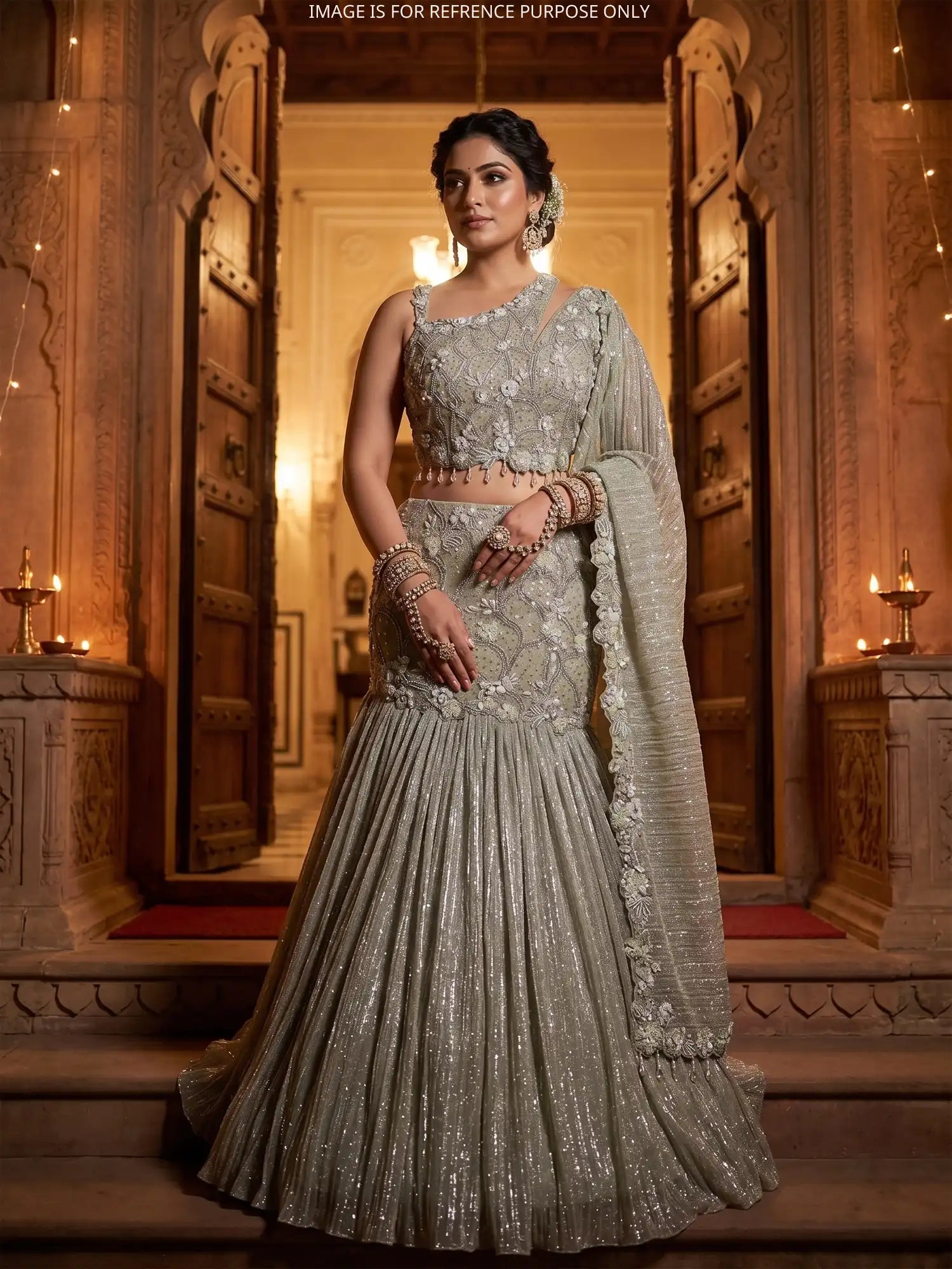 Shop Pista Green Fishcut Lehenga Defined By Fine Cut Dana Details