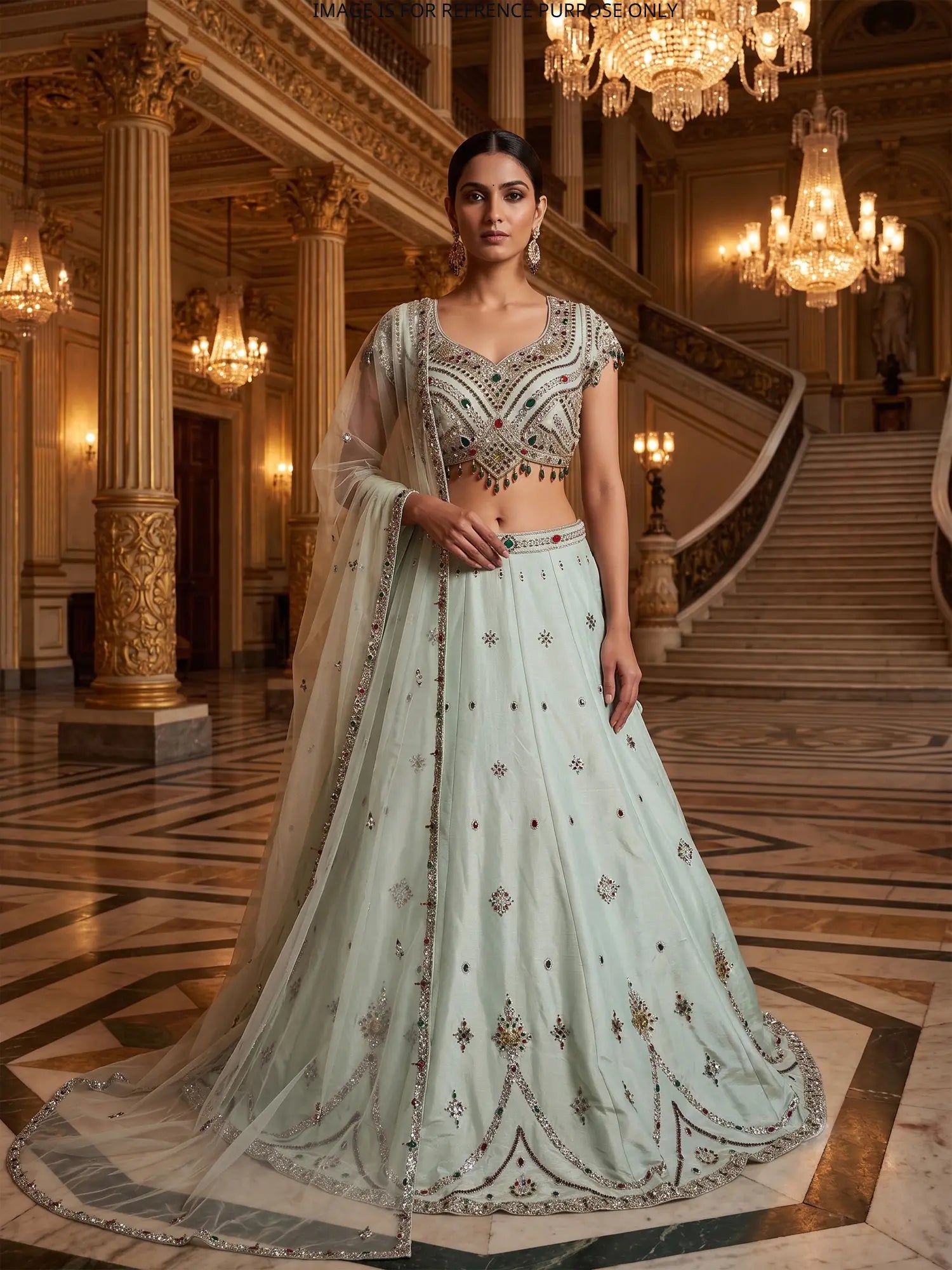 Shop Pista Green Shimmer Silk Lehenga Online With Crystal Brooch Detailing