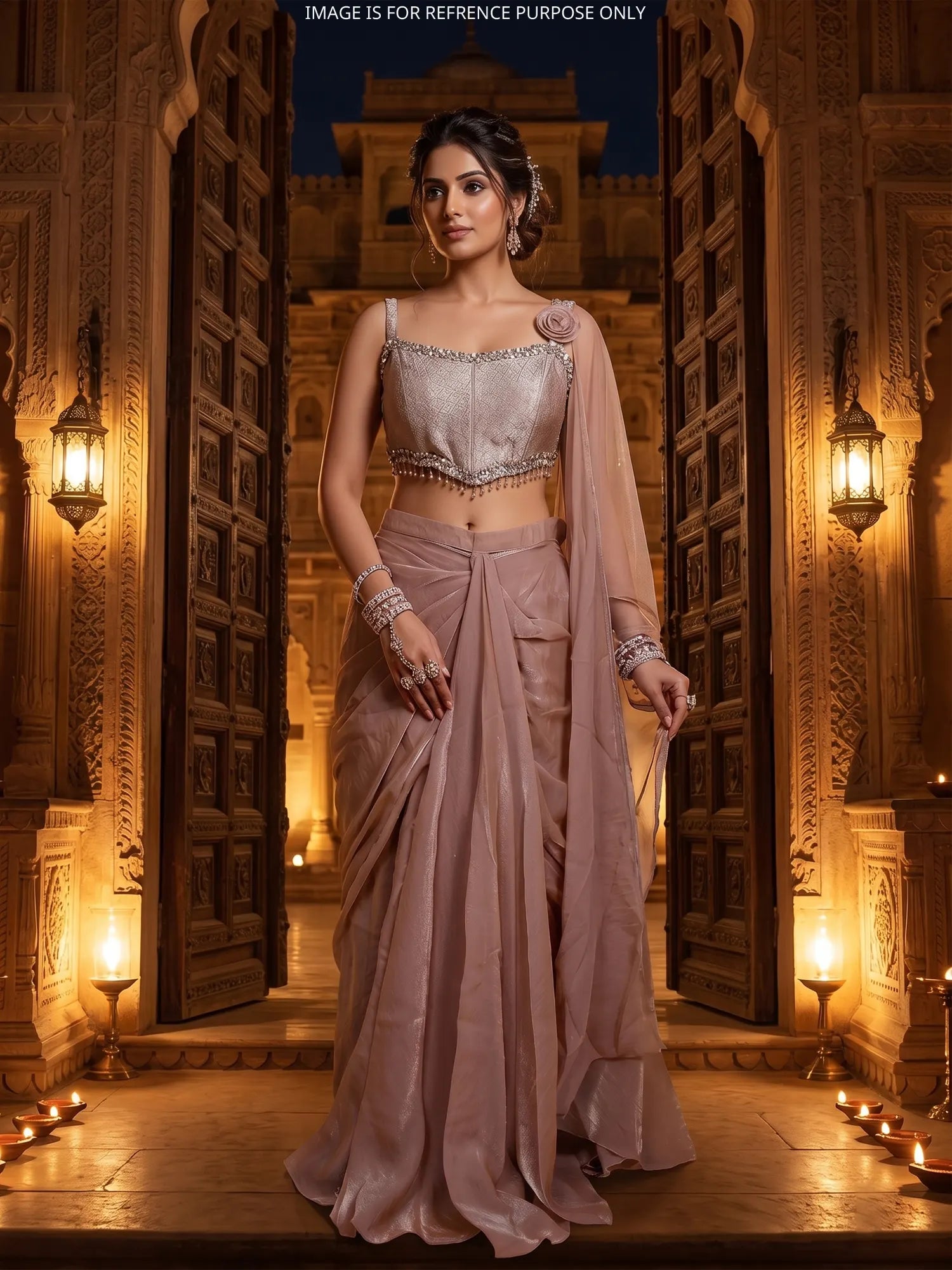 Shop Rose Gold Ready To Wear Saree With Cut Dana Work At Best Price