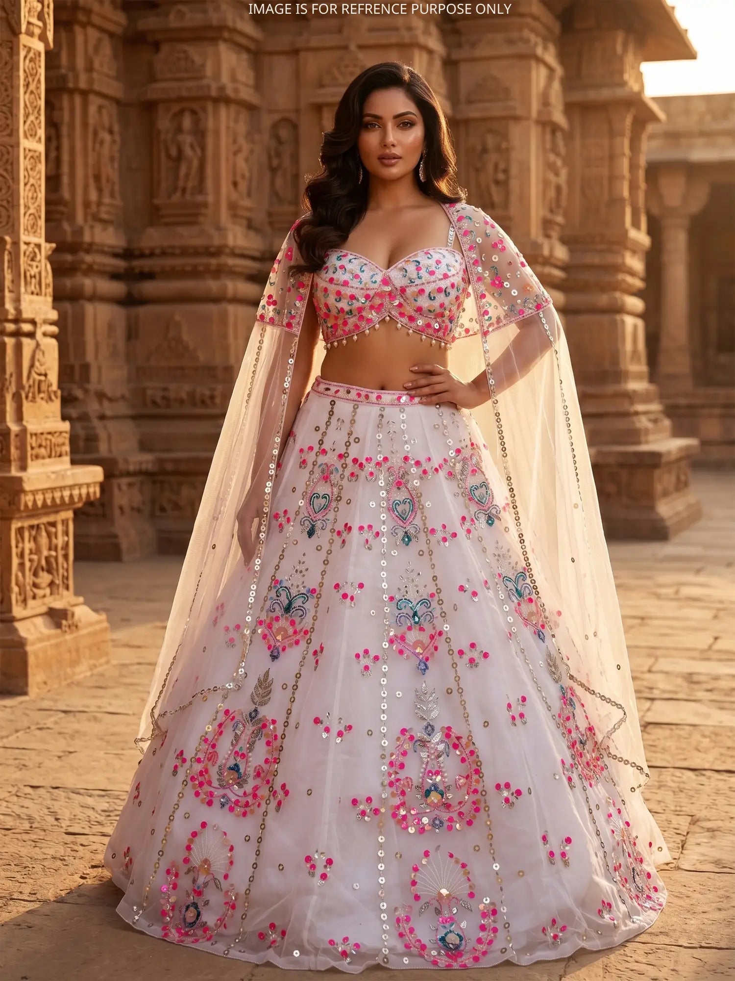 Shop White Party Wear Net Lehenga With Multi Sequins Design