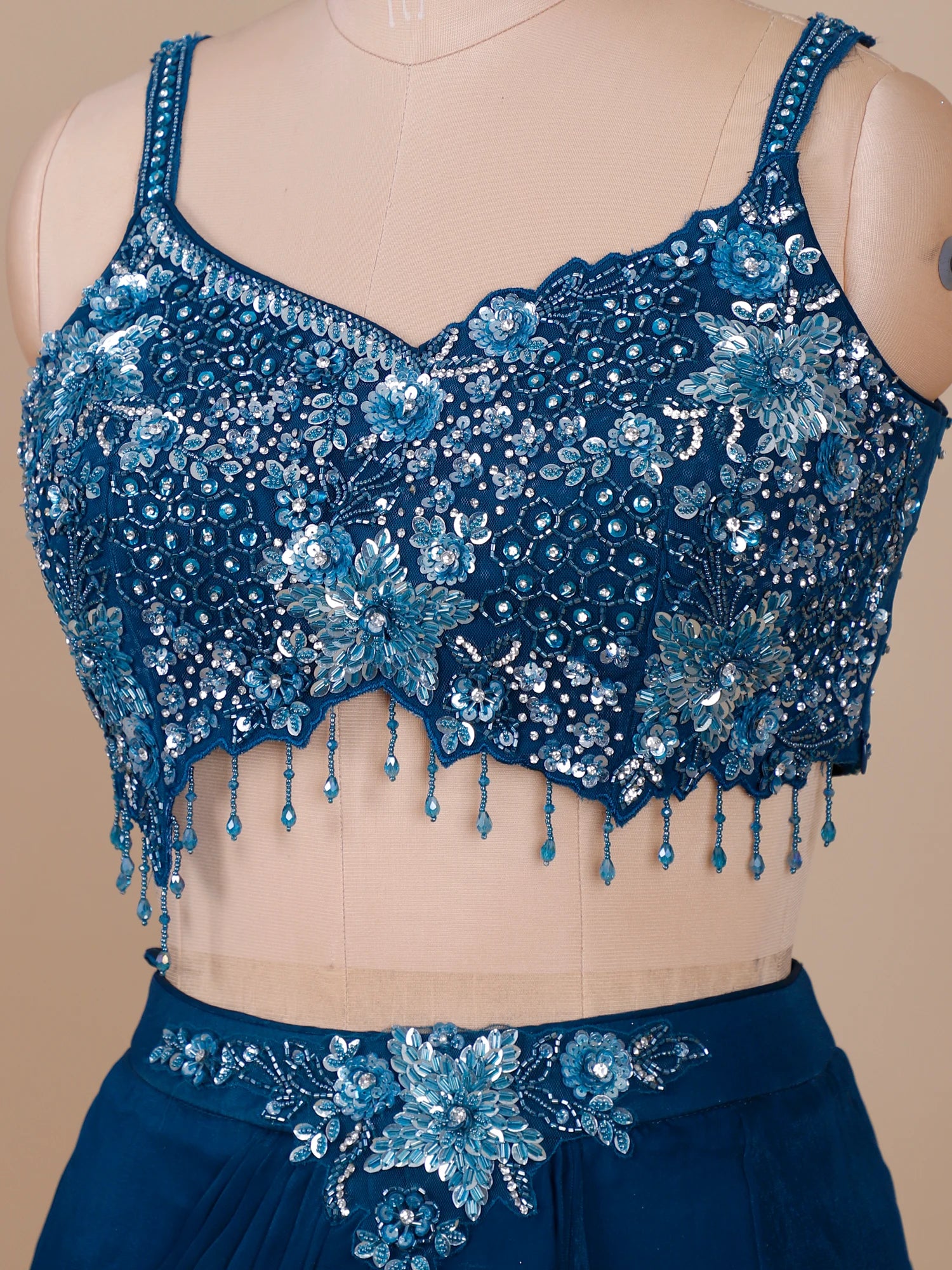 Teal Blue Party Wear Fendi Saree with Sequins Stone Work