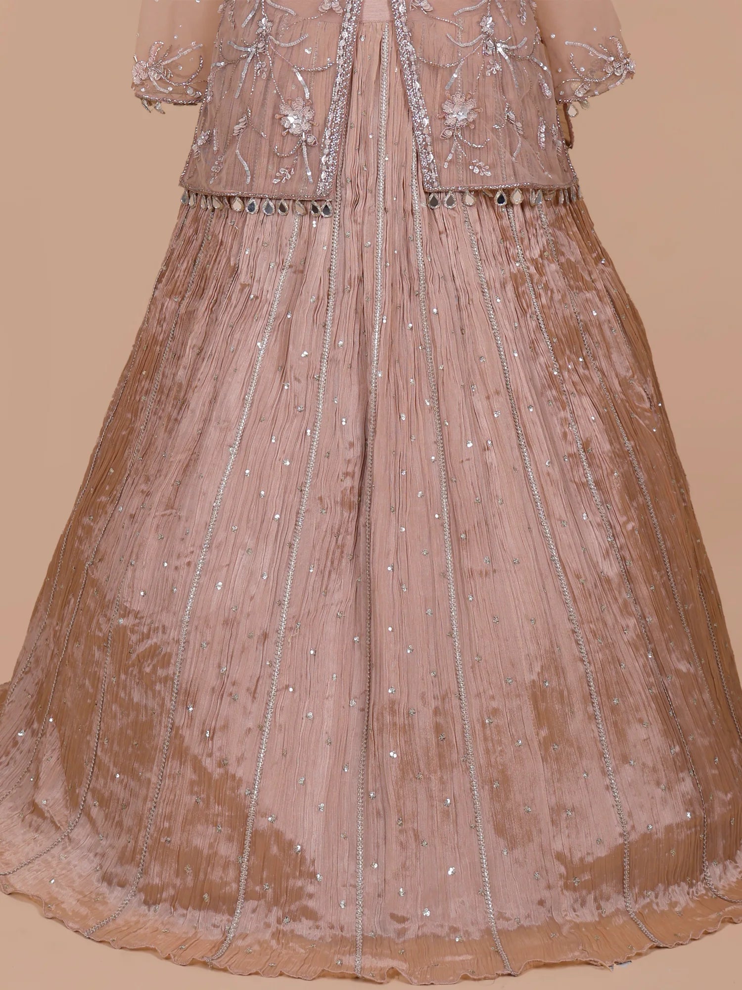 Buy Premium Chickoo Designer Shrug Lehenga With Luxurious Sparkle